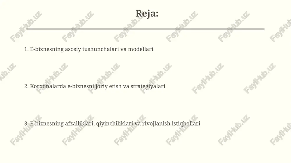 ytni ishlab chiqish, xavfsiz to'lov tizimlarini integratsiya qilish, serverlarni sozlash va 3-6 oy ichida xodimlarni o'qitishdan iborat. e-biznes modellari b2b (biznesdan biznesga) modeli bir korxonaning boshqa korxonaga mahsulot yoki xizmatlarni sotishini anglatadi, misol uchun, xomashyo yetkazib berish yoki dasturiy ta'minotni litsenziyalash. affiliate marketing modeli elektron biznesda keng tarqalgan bo'lib, bunda kompaniya boshqa veb-saytlarga o'z mahsulotlarini reklama qilish uchun komissiya to'laydi, masalan, har bir sotilgan mahsulot uchun 5-10% komissiya. e-biznes strategiyalari e-biznes strategiyalari bozorni segmentatsiya qilishni o'z ichiga oladi, bunda demografiya va xulq-atvorga asoslangan 10 ta segment aniqlanadi va har bir segmentga moslashtirilgan marketing kampaniyalari yaratiladi. omnichannel strategiyasi mijozlarga 5 ta platforma orqali uzluksiz tajriba taqdim etadi: veb-sayt, mobil ilova, ijtimoiy media, elektron pochta va do'konlar, sotuvlar hajmini 30% ga oshiradi. e-biznes texnologiyalari va infratuzilmasi e-biznes infratuzilmasi ssl sertifikatlari va pci dss mosligi kabi xavfsizlik protokollarini o'z ichiga oladi, bu esa onlayn tranzaktsiyalarni himoya qiladi va iste'molchilar ishonchini oshiradi. bulutli hisoblash …