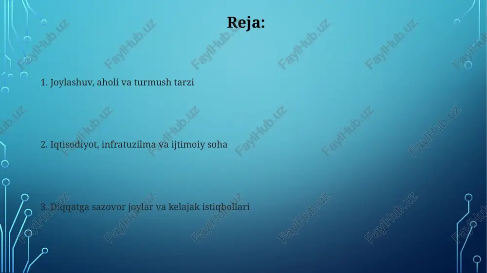 q tibbiyot punktida 2 ta umumiy amaliyot shifokori va 4 ta hamshira aholiga xizmat ko'rsatadi. har kuni o'rtacha 15-20 nafar bemorga birinchi tibbiy yordam ko'rsatiladi. atrof-muhit va diqqatga sazovor joylar qishlog'imizda noyob 150 yillik terak bor, u mahalliy aholi tomonidan muqaddas hisoblanadi va uning atrofida har yili 1-may kuni katta bayramlar o'tkaziladi. chortoq tog' tizmasining etagida joylashgan qishlog'imizda 3 ta shifobaxsh buloq bor, ularning suvi tarkibida 12 dan ortiq mineral mavjudligi aniqlangan. muammolar va kelajak rejalar dehqonchilikda zamonaviy texnologiyalarning yetishmasligi hosildorlikni pasaytiradi; agro-texnika usullarini joriy etish, irrigatsiya tizimlarini modernizatsiya qilish 2025-yilga borib 30% hosilni oshirishga yordam beradi. ichimlik suvi ta'minotining yetarli emasligi aholi salomatligiga salbiy ta'sir ko'rsatadi; 2024-yilda yangi suv quduqlarini qazish va suv tozalash inshootlarini o'rnatish rejalashtirilgan. e'tiboringiz uchun rahmat @taqdimot_robot image4.jpg image5.jpg image6.jpg image7.jpg image8.jpg image9.jpg image10.jpg image1.png