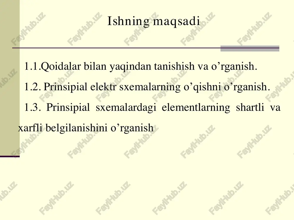 jadval listning o`ng tomoniga joylashtiriladi nazorat savollari 1. prinsipial elektr sxemalardagi elementlarning gost standart bo’yicha shartli belgilanishi. 2. prinsipial sxemalarda elementlarning xarfli belgilanishi. 3. prinsipial sxemalarning bajaradigan vazifasi. foydalanilgan adabiyotlar ro’yxati 1.n.r.yusupbekov, b.i.muxamedov, sh.m.g’ulomov. texnologik jarayonlarni nazorat qilish va avtomatlashtirish.t.,”o’qituvchi” , 2011, 576 b. 2. r.t.gazieva. avtomatika asoslari va ishlab chiqarish jarayonlarini avtomatlashtirish. t.,”tamaddun”, 2010, 144b. 3. r.t.gazieva, d.a.abdullayeva, b.q.to’xtamishev. avtomatlashtirishning texnik vositalari va raqamli avtomatika.t. arnaprint, 2014 y. 4. r.t.gazieva, d.a.abdullayeva. avtomatlashtirishning texnik vositalari.t. 2020 y. e’tiboringiz uchun raxmat! avtomatlashtirishning texnik vositalari va raqamli avtomatika fanidan. laboratoriya ishi. elektromagnit relelarni o’rganish va sinash ishning maqsadi 1. elektromagnit relening tuzilishi va ishlash prinsipini o’rganish. 2. releni sinash va uninq quydagi asosiy parametrlarini aniqlash: ishga tushish, qo’yib yuborish, ishchi parametr, qaytish koeffitsienti ulangandagi va ishdan to’xtagandagi zaxira (zapas) koeffitsienti. umumiy ma’lumotlar  rele deb, ma’lum bir kirish signali o’zgarganda chiqish kattaligining sakrashsimon o’zgaruvchi elektr asbobga aytiladi. rele cho’lg’amidan o’tayotgan tok magnit …