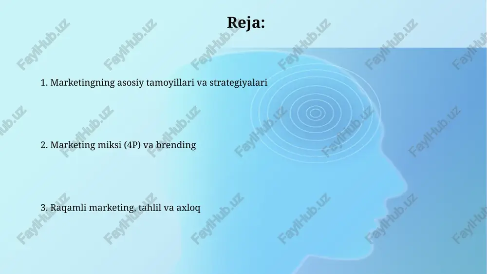 siy foyda, haqiqiy mahsulot (xususiyatlar, brend) va qo'shimcha mahsulot (kafolat, sotuvdan keyingi xizmat). narx elementida raqobatchilar narxlari va xaridorning qabul qilingan qiymati kabi omillarni hisobga olgan holda, 10% chegirma kabi narx strategiyalari qo'llaniladi. marketing strategiyalari bozor penetratsiyasi strategiyasi mavjud bozorda 10% ga qadar arzon narxlar va kuchli reklama orqali ulushni oshirishga qaratilgan. diversifikatsiya strategiyasi yangi bozorlarga 25% ga qadar yangi mahsulotlar kiritishni o'z ichiga oladi, bu esa xavflarni kamaytiradi va o'sishni ta'minlaydi. raqobat tahlili raqobat tahlili kompaniyaga o'z raqobatchilarining kuchli va zaif tomonlarini aniqlashga yordam beradi, ularning bozor ulushini (masalan, 15%) va mijozlar bazasini o'rganadi. bozorning eng yaxshi 3-5 o'yinchisini tahlil qilish narxlar siyosati, mahsulot xususiyatlari va marketing strategiyalari kabi muhim tendentsiyalarni ochib beradi. mijozlar bilan aloqalar mijozlar bilan aloqalar boshqaruvining (crm) asosiy maqsadi - mijozlar bilan bo'lgan barcha o'zaro aloqalarni 360 graduslik nuqtai nazardan ko'rish va ular bilan uzoq muddatli munosabatlar o'rnatish. mijozlar bilan aloqalarni yaxshilash uchun 80/20 qoidasiga …