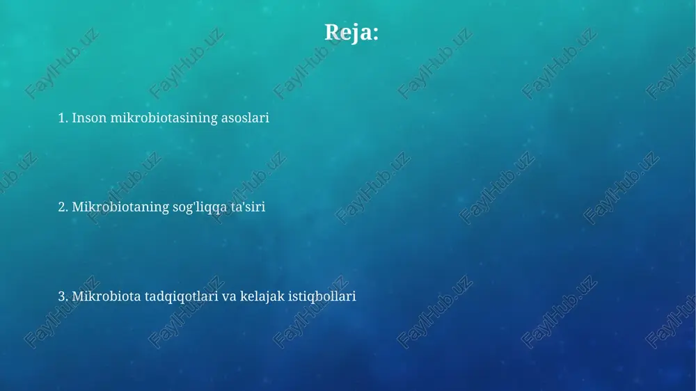 bemorga ko'chirib o'tkazish usuli bo'lib, clostridium difficile infektsiyasini davolashda 90% dan yuqori muvaffaqiyatga erishadi. ovqatlanish, antibiotiklar va genetik omillarning mikrobiotaga ta'siri dietadagi tolalar, ayniqsa erimaydigan tolalar, ba'zi mikrob turlari ko'payishini rag'batlantiradi, masalan, bifidobacterium, ular qisqa zanjirli yog' kislotalari (qzyyk) ishlab chiqaradi. antibiotiklar mikrobiotaning xilma-xilligini kamaytirishi mumkin, ba'zan esa clostridium difficile kabi patogenlarning o'sishiga imkon beradi, bu esa antibiotik bilan bog'liq diareyaga olib kelishi mumkin. mikrobiota va immunitet tizimi o'rtasidagi bog'liqlik mikrobiota t hujayralari rivojlanishida muhim rol oʻynaydi, ayniqsa th17 va treg kabi kichik toʻplamlar differensiatsiyasi, immunitet toleransini shakllantirish va patogenlarga qarshi kurashishda yordam beradi. ba'zi mikroblar, masalan, *bacteroides fragilis* dan bo'lgan psa molekulasi immunitet tizimini modulyatsiya qilib, tlr2 retseptorlari orqali yallig'lanishga qarshi ta'sir ko'rsatadi va immunitet muvozanatini saqlaydi. mikrobiota bilan bog'liq kasalliklar va kelajak istiqbollari mikrobiota disbiozi semizlik, 2-toifa diabet va ibs kabi kasalliklar bilan bog'liq. kelajak istiqbollari shaxsiy probiotik kokteyllar yordamida mikrobiotani moslashtirishni o'z ichiga oladi. surunkali yallig'lanishli ichak …