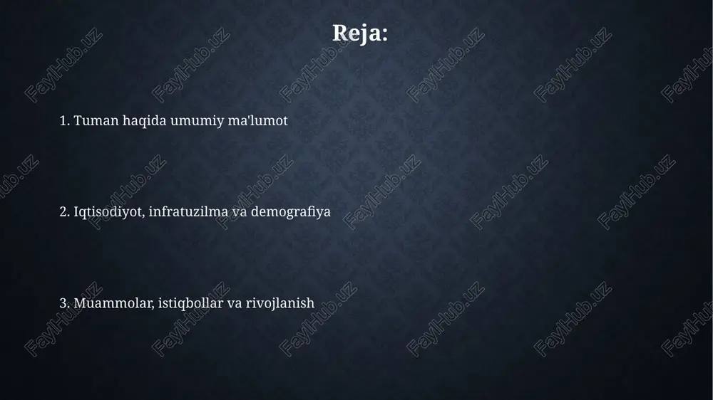 di. bu sanoat mahsulotlarini tashish uchun muhim ahamiyatga ega. madaniyat, ta'lim va turizm hududda 15 dan ortiq tarixiy obidalar mavjud boʻlib, ular orasida x asrga oid meʼmoriy yodgorlik va 3 ta muzey mavjud. bu joylar mahalliy turizmni rivojlantirishda muhim ahamiyatga ega. tumanda 50 dan ziyod maktab va litseylar mavjud, ularda 20 mingdan ortiq o'quvchi tahsil oladi. kasb-hunar kollejlari mahalliy sanoat uchun malakali kadrlar tayyorlashga yo'naltirilgan. muammolar, istiqbollar va boshqaruv mahalliy boshqaruvdagi korrupsion holatlar investitsiya muhitiga salbiy ta'sir ko'rsatmoqda, bu esa 2024-yilga kelib xalqaro sarmoyalarning 15% ga kamayishiga olib kelishi mumkin. kelgusi 5 yilda tuman iqtisodiyotini rivojlantirish maqsadida davlat-xususiy sherikchilik asosida kamida 3 ta yirik sanoat korxonasi tashkil etish istiqbollari ko'zda tutilgan. e'tiboringiz uchun rahmat @taqdimot_robot image3.jpg image4.jpg image5.jpg image6.jpg image7.jpg image8.jpg image9.jpg
