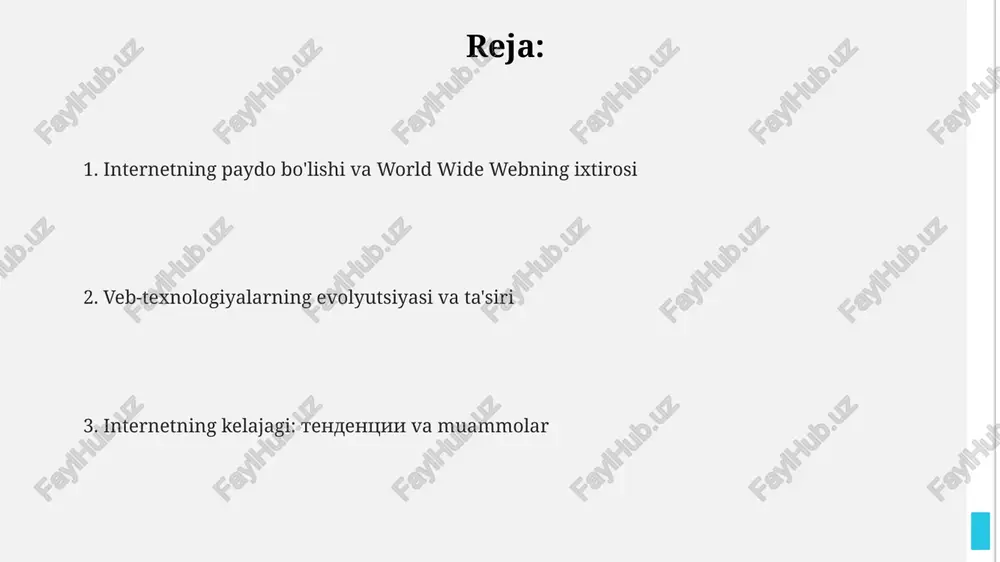 lar uchun qulay qildi, bu esa 1993-yilda taxminan 1 million foydalanuvchidan tez o'sishiga olib keldi. veb-texnologiyalarning evolyutsiyasi va zamonaviy veb veb-texnologiyalarning evolyutsiyasi statik html 1.0 dan dinamik html5 ga o'tishni o'z ichiga oladi, bu interaktivlik, multimedia va joylashuv xizmatlarini qo'llab-quvvatlaydi. zamonaviy vebda javascript frameworklari, masalan react va angular, veb-ilovalarini qurishni soddalashtiradi va foydalanuvchi interfeyslarining ishlashini 10 baravar oshiradi. 2000-yillarning boshidan beri ajax texnologiyasi saytlar ma'lumotlarni orqa fonda yangilash imkonini beradi, sahifani to'liq qayta yuklamasdan foydalanuvchi tajribasini yaxshilaydi. ijtimoiy va iqtisodiy ta'sir ijtimoiy media platformalari 4,5 milliarddan ortiq foydalanuvchini birlashtirdi, bu esa siyosiy faollikni kuchaytirdi, ammo dezinformatsiya tarqalishiga ham sabab bo'ldi. internetning iqtisodiy ta'siri global savdoni 30% ga oshirdi, elektron tijorat platformalari orqali 2 trillion dollardan ortiq daromad keltirmoqda va yangi ish o'rinlari yaratmoqda. masofaviy ishlash imkoniyati 25% ga oshdi, bu esa ofis xarajatlarini kamaytirdi va ishchilarning hayot sifatini yaxshilash imkonini berdi. axborot tarqalishi va kommunikatsiya o'zgarishi ijtimoiy media platformalarining paydo …
