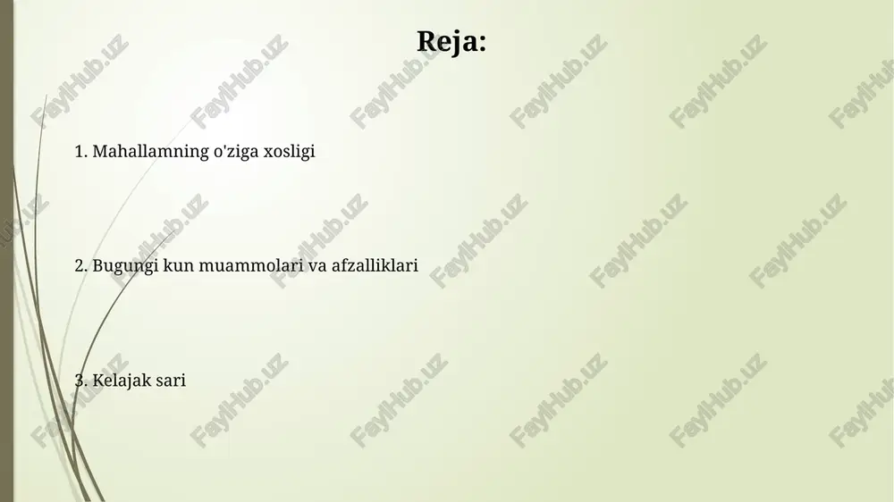 bo'lib, ayniqsa paxta va g'alla yetishtirish bilan mashhur. oxirgi 5 yilda organik mahsulotlarga talab ortishi kuzatildi. muammolar va afzalliklar muammo: transport tirbandligi ertalabki va kechki soatlarda asosiy ko'chalarda 30 daqiqadan ortiq davom etadi, bu esa havo ifloslanishini 15% ga oshiradi. afzallik: mahalliy park hududi 5 gektardan ortiq bo'lib, unda sport maydonchalari va 2 km uzunlikdagi piyoda yo'laklari aholining sog'lom turmush tarzini qo'llab-quvvatlaydi. kelajak istiqbollari 2030 yilgacha infratuzilmani rivojlantirish rejalari mavjud, jumladan yangi metro liniyasi va 15 ta ko‘p qavatli turar joy binolari qurilishi, bu esa transport qulayligini oshiradi. mahalliy hokimlik 5 yil ichida it sohasida 500 ga yaqin yangi ish o‘rinlari yaratishni maqsad qilgan holda startap ekotizimini rivojlantirishni rejalashtirmoqda. e'tiboringiz uchun rahmat @taqdimot_robot image2.jpg image3.jpg image4.jpg image5.jpg image6.jpg image7.jpg image8.jpg