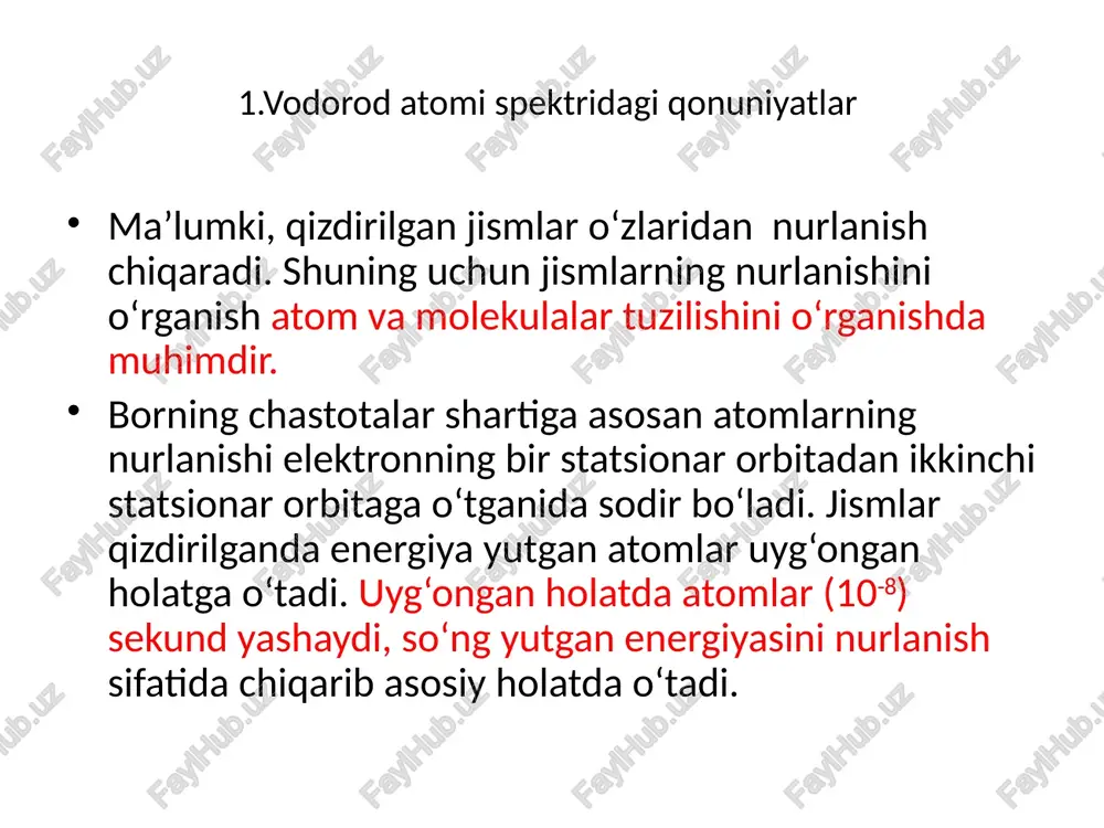 n atomdagi elektron orbitalar (energetik sathlar) tartib raqamini bildiradi. v = 3645,6- 10-8sm=3645,6 a ga teng bo‘lgan empirik doimiy. (4.57) formulaga asosan hisoblangan to‘lqin uzunliklar, balmer o ‘lchagan natijalarga deyarli mos keladi (4.1-jadval). vodorod atomi chiqarish spektrining ko'zga ko‘rinadigan sohasi (balmer seriyasi) 4.12-rasmda keltirilgan. chiziqli spektrlar uchun olingan empirik natijalar tahlil qilib ko‘rilganda, spektrdagi alohida chiziqlar ma’lum guruhlarga birlashishi aniqlandi. bu guruhlar seriyalar deyiladi bu chiziqlar uchun hisoblangan va kuzatilgan to'lqin uzunliklaming mos kelishida farq mavjudligi aniqlandi. bu esa o‘sha vaqtdagi bu chiziqlarni o‘lchash noaniqligi bilan bog‘liq bo‘lib chiqdi. (4.57) formulani chastotani hisoblash formulasi ko'rinishida yozish mumkin. u vaqtda spektrning ko‘rinadigan sohasidagi spektral chiziqlar chastotasi quyidagicha ifodalanadi (4.58) . (4.58) ifoda balmer formulasidir spektrning ko‘rinadigan sohasida joylashgan spektral chiziqlar guruhi balmer seriyasi deyiladi 9 layman seriyasi spektrning ultrabinafsha sohasida 1906-yilda layman tomonidan quyidagi seriya kashf qilindi (4.59) bu seriyaga layman seriyasi deyiladi. bunda n — elektronning n =2,3,4,... uyg‘ongan holatlardan …