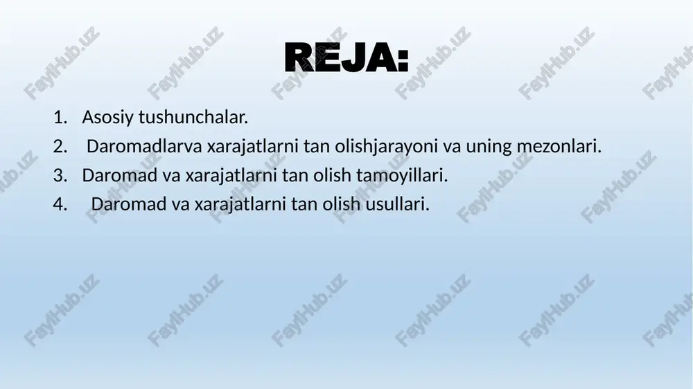 alik sub`ektlari oddiy faoliyati davomida olingan daromadlar, shu jumladan mahsulotni sotish (ishlarni bajarish vaxizmat ko`rsatish)dan olingan daromadlar, olingan foizlar, dividendlar, royaltilarva boshqalar tushuniladi.” (o`zbekiston respublikasi buxgalteriya hisobining milliy standartlari, toshkent, 2004 y ,38-bet). daromadlarva xarajatlarni tan olishjarayoni va uning mezonlari. xo`jalik faoliyatidan olinadigan daromadlar va xarajatlarni hisobga olishdagi asosiy masala ularni tan olish paytini aniqlash hisoblanadi. daromad va xarajatlarni tan olish ularni modda sifatida moliyaviy hisobotlarga kiritilish jarayonidir. buxgalter daromad va xarajatlarni moliyaviy hisobot moddasi sifatida tan olishi uchun quyidagi : sotish yoki boshqa turdagi daromad yoki xarajatni yuzaga keltiruvchi xo`jalik muomalasi tahlil qilinib, u amalga oshirilgan sana o`rnatiladi; xo`jalik muomalasi natijasida yuzaga kelgan daromad yoki xarajat qiy-mati aniqlanadi; xo`jalik muomalasiga nom berish orqali moliyaviy hisobotning u yoki bu moddasiga taalluqli ekanligi belgilanadi, ya`ni turkumlanadi. masalan: mahsulot sotishdan tushum yoki daromad, ijara daromadi, foiz ko`rinishidagi daromadlar va hokazo. turkumlash odatda jurnallarga ikki yoqlama yozuvlarni yozish orqali amalga oshiriladi. ikki yoqlama …