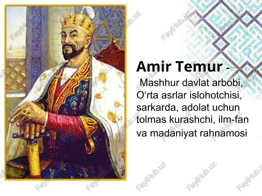 ndar, doro 1, yuliy sezar kabi yirik sarkardalar bilan bir qatorga qo‘yadi. amir temur- mingta jang o‘tkazib birontasida ham yengilmagan mashhuri zamon sarkarda ! 14-asrning ikkinchi yarmida movarounnahr yaqin va o‘rta sharqning tijorat, iqtisod va madaniyat markaziga aylanib bordi. chingizxon qo‘shinlari tomonidan tag-tubigacha vayron qilingan samarqand, kesh, buxoro, termiz, toshkent, marv, hirot kabi va boshqa qadimiy shaharlar obod bo‘la boshladi. masjidu madrasalar, maqbaralar, karvonsaroylar va hammomlar qurildi.