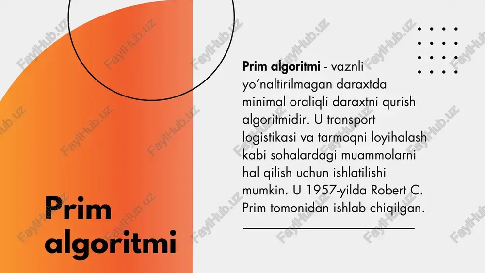 ugunga yetib borish mumkin. 2.hech qanday sikl (aylana) yo‘q. 3.tugunlar soni n bo‘lsa, qirralar soni har doim n − 1 bo‘ladi. 4.og‘irliklar yig‘indisi minimal bo‘ladi (shu graf uchun boshqa yopiq darachtalardan eng kichigi). 5.minimal qoldiq daraxt yagona bo‘lishi shart emas — agar bir nechta qirralar bir xil og‘irlikka ega bo‘lsa, turli mqdlar bo‘lishi mumkin. minimal qoldiq daraxtni topish algoritmlari: 1. prim algoritmi: har safar eng yaqin tugunni tanlaydi (eng arzon qirra orqali). heap (priority queue) orqali ishlatilsa, samarali bo‘ladi. grafga bog‘langan holda ishlaydi (vertex-based). 2. kruskal algoritmi: qirralarni og‘irlik bo‘yicha saralaydi. eng kichik qirrani tanlaydi, agar u sikl hosil qilmasa, daraxtga qo‘shadi. disjoint set (union-find) ma’lumot tuzilmasiga asoslanadi. qirralar asosida ishlaydi (edge-based). d a b f dijkstra algoritmi afzalliklari: manfiy og‘irliklar bo‘lmagan graf uchun juda tez va samarali. prinsipi: har bir tugun uchun eng qisqa yo‘lni hisoblaydi, eng kichik og‘irlikli tugundan boshlaydi. asboblar: priority queue (heap), har bir tugun uchun …