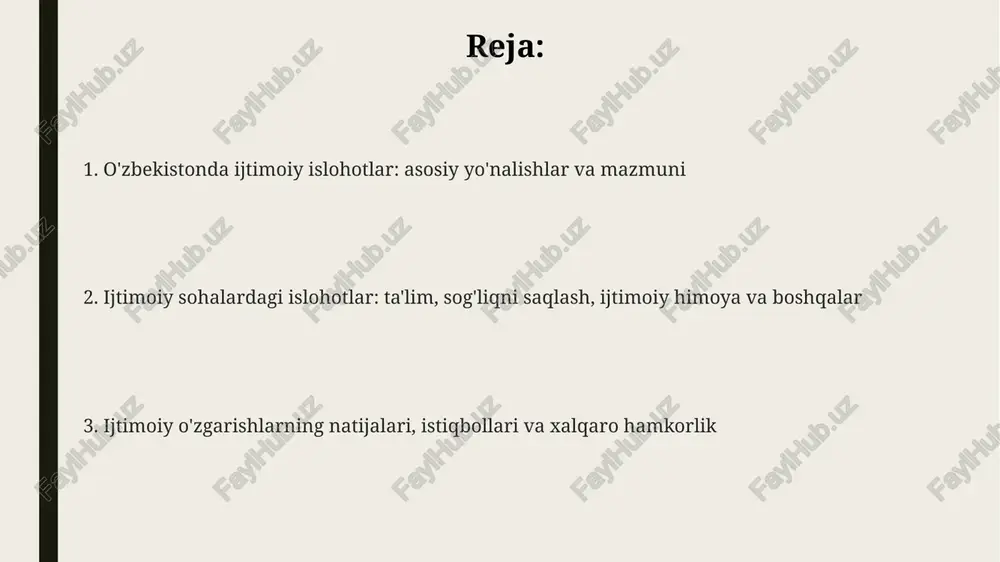 zildi va 25 ming nafarga yordam ko'rsatildi. ijtimoiy himoya tizimida 2023-yilda kam ta'minlangan oilalarga nafaqalar to'lash tartibi soddalashtirildi, bunda elektron ariza berish imkoniyati kengaytirildi va 15%ga oshirildi. gender tengligini ta'minlash maqsadida 2022-yilda «xotin-qizlar va erkaklar uchun teng huquqlar va imkoniyatlar kafolatlari to'g'risida»gi qonun qabul qilindi hamda 30% kvota joriy etildi. yoshlar siyosati va mahalla instituti yoshlar siyosatida 'yoshlar daftari' orqali 30 yoshgacha bo'lgan yoshlarning muammolarini aniqlash va hal etish, bandlikka ko'maklashish markazlari orqali ish bilan ta'minlashga e'tibor qaratilmoqda. mahalla institutining roli ijtimoiy nazoratni kuchaytirish, 550 dan ortiq 'obod mahalla' dasturlari orqali mahallalarni obodonlashtirish, infratuzilmani yaxshilash va aholi turmush darajasini oshirishga qaratilgan. yoshlarni tadbirkorlikka jalb qilish maqsadida imtiyozli kreditlar ajratish, 'yoshlar kelajagimiz' jamg'armasi orqali loyihalarni qo'llab-quvvatlash, kasb-hunar o'rgatish markazlari sonini 140 taga yetkazish ko'zda tutilgan. iqtisodiy o'sish va ijtimoiy adolat kambag'allikni qisqartirish bo'yicha davlat dasturi orqali 2023-yilda 1 milliondan ortiq fuqaroga yordam ko'rsatildi. bu mikro moliyalashtirish va kasb-hunar o'rgatish orqali yangi …