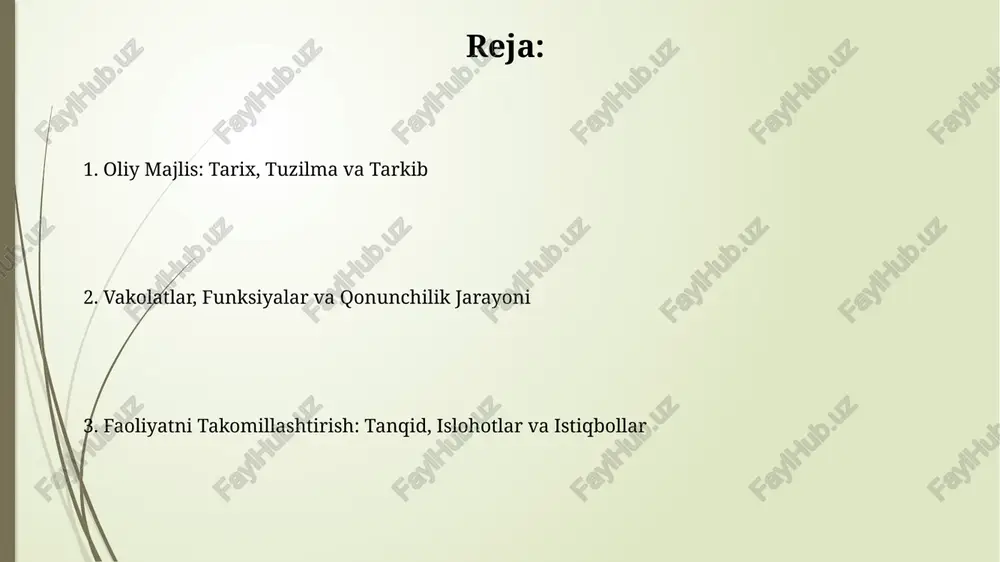 komissiyalar faoliyati qoʻmitalar qonun loyihalarini dastlabki koʻrib chiqishda muhim rol oʻynaydi, masalan, 20 dan ortiq qoʻmita turli sohalarga oid qonunlarni tahlil qilib, takliflar beradi. oliy majlis qoʻmitalari 10 dan ortiq aʼzodan iborat boʻlib, ular davlat byudjeti ijrosi ustidan nazorat olib boradi hamda vazirliklar hisobotlarini koʻrib chiqadi. siyosiy partiyalar va fraktsiyalar o'zbekiston oliy majlisida siyosiy partiyalar fraksiyalari partiyalarning saylovda olgan o'rinlariga mutanosib ravishda shakllanadi, masalan, 2024-yilda 5 ta partiya o'rin olgan. fraksiyalar qonun loyihalarini muhokama qilish va ovoz berishda o'z partiyalarining siyosiy pozitsiyalarini ifoda etadi, bu oliy majlisning qonun chiqarish jarayoniga ta'sir qiladi. hisobot berish va javobgarlik oliy majlisning hisobdorligi, senat va qonunchilik palatasining har biri yiliga kamida bir marta o'z faoliyati to'g'risida xalqqa hisobot berishini nazarda tutadi. deputatlar o'z saylov okruglarida kamida ikki marta uchrashuvlar o'tkazib, saylovchilar oldida o'z faoliyatlari haqida hisobot berishlari shart, bu hisobotlar ommaviy axborot vositalarida yoritiladi. e'tiboringiz uchun rahmat @taqdimot_robot image1.png image2.jpg image3.jpg image4.jpg image5.jpg image6.jpg …