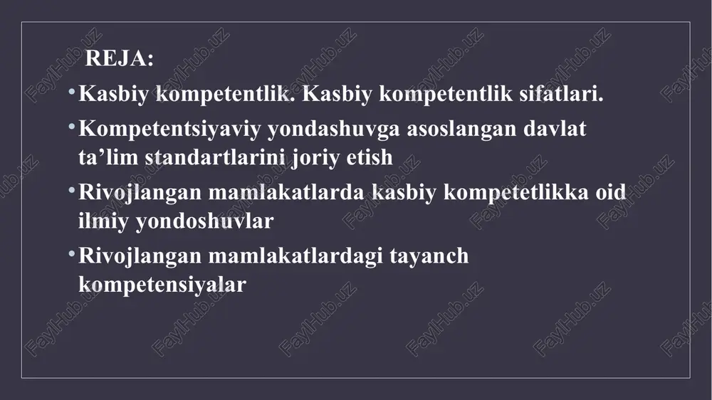 xsiy kompetentlik kreativ kompetentlik innovatsion kompetentlik yevropa kengashi tomonidan 1996 yilda tashkil etilgan «yevropa uchun tayanch kompetensiyalar» mavzusidagi simpoziumda yevropa ittifoqiga a’zo davlatlarning uzluksiz ta’lim tizimi uchun dastlabki tayanch kompetensiyalari belgilangan. yevropa parlamenti amaliy tajriba va takliflar asosida 2006 yil 18 dekabrda yevropa ittifoqiga a'zo davlatlarga uzluksiz ta'lim tizimi jarayonida shakllantirilishi lozim bo‘lgan 8 ta tayanch kompetensiyalarni tavsiya qilgan. dunyoning rivojlangan davlatlarining davlat ta’lim standartlaridagi tayanch kompetensiyalarning tahlili bugungi kunda mazkur masalaga qarash va yondashuvlar har mamlakatning ta’limdan ko‘zlagan maqsadi, imkoniyati va shart-sharoitlaridan kelib chiqqanligini ko‘rsatdi. o‘zbekiston va dunyoning rivojlangan davlatlarining dtslaridagi tayanch kompetensiyalarni qiyosiy tahlili davlat nomi tayanch kompetensiyalar soni tayanch kompetensiyalar nomlanishi o‘zbekiston 6 ta kommunikativ kompetensiya axborot bilan ishlash kompetensiya shaxs sifatida o‘z o‘zini rivojlantirish kompetensiya ijtimoiy faol fuqarolik kompetensiya umummadaniy kompetensiya matematik savodxonlik, fan va texnika yutuqlaridan xabardor bo‘lish va foydalana olish yevropa ittifoqi davlatlari (28 ta davlat: buyuk britaniya, vengriya, germaniya, finlyandiya, fransiya, ispaniya, italiya, …