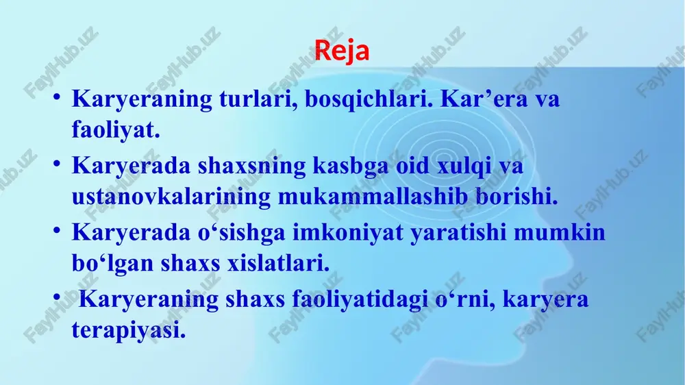 l o‘zgarishi. kasbiy kar’era quyidagi yo‘nalishlar bo‘yicha o‘tishi mumkin: ixtisoslik (kasbiy yo‘lning boshida tanlangan faoliyatning bitta sohasini chuqurlashuvi); transprofessionalizatsiya (boshqa sohalardagi mahoratni ham egallashi). tashkilot ichidagi karyera – ma’muriy boshqaruv organi rahbarligiga da’vogarning tashkilot ichidagi harakat trayektoriyasi bilan bog‘liq o‘sishi. u quyidagi yo‘nalishlarda borishi mumkin: vertikal karyera – lavozimda o‘sish; gorizontal karyera – tashkilot ichida bir yo‘nalish bo‘ylab siljishi, masalan, turli bo‘limlar bo‘ylab bir xil darajali iyeraraxiyada; markazga intiluvchan karyera – markaziy boshqaruvga yoki tashkilotning markazi (yadrosi) tomon siljish, ya’ni qaror qabul qilish jarayonining chuqurlashgan ko‘rinishi. kar'era modellari model tavsifi kasbiy kar'era (turli korxonalarda hayot davomida amalga oshiriladi) ta'lim, ishga qabul qilinishi, kasbiy o'sishi, individual kasbiy qobiliyatlarni qo'llab-quvvatlanishi, nafaqaga chiqishi tashkilot ichidagi kar'era (bitta korxona ichida), xususan: bitta korxonada xodimlarning rivojlanish bosqichlarini izchil o'zgartirish • vertikal korporativ ierarxiyaning yuqori darajasiga ko'tarilishi • gorizontal faoliyatning boshqa funktsional sohasiga o'tishi yoki ma'lum bir xizmat rolini tashkiliy tuzilmada rasmiy jihatdan qatiy biriktirilishga ega …