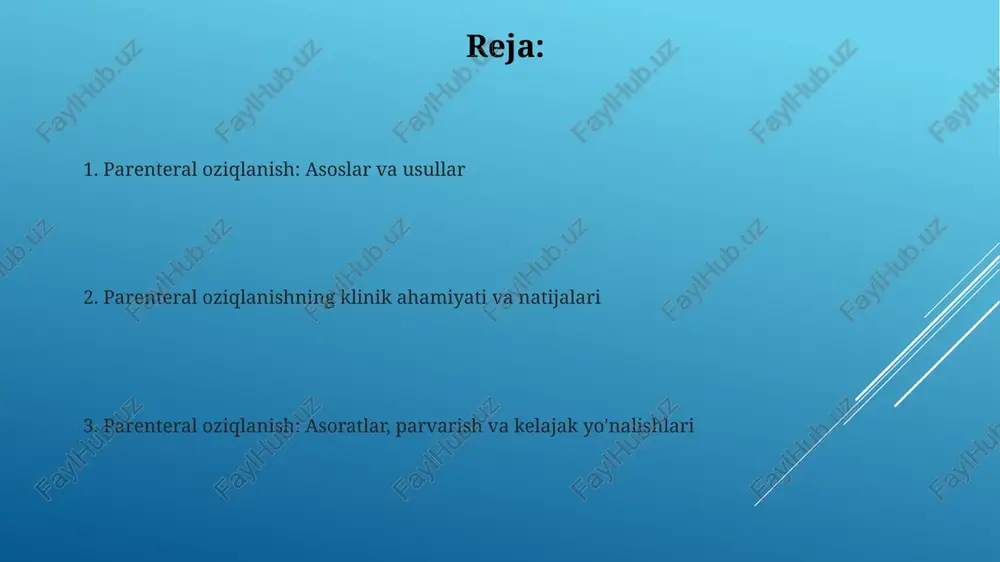 ri) yoki gipoglikemiya (70 mg/dl dan kam) kabi glyukoz metabolizmining buzilishlarini aniqlashga yordam beradi. maxsus populyatsiyalarda parenteral oziqlanish pediatriyada parenteral oziqlanish neonatal davrda 24-48 soat ichida boshlanishi kerak, ayniqsa, prematurity yoki past vazn bilan tug'ilgan chaqaloqlarda, o'sishni qo'llab-quvvatlash va metabolik muvozanatni saqlash uchun. geriatriyada parenteral oziqlanish, yoshga bog'liq o'zgarishlarni hisobga olgan holda tuzilishi kerak, masalan, buyrak funktsiyasining pasayishi, glyukoza tolerantligi kamayishi va suyuqlikni haddan tashqari yuklash xavfini kamaytirish. uyda parenteral oziqlantirish va parvarish uyda parenteral oziqlantirishda (hpn) bemorlar maxsus o'qitiladi: kateterni parvarish qilish, infuziya uskunalarini ishlatish va asoratlarni aniqlash bo'yicha 24/7 qo'llab-quvvatlash liniyasi bilan ta'minlanadi. uyda parenteral oziqlantirish bemorlarga 12 oydan ortiq davom etishi mumkin bo'lgan surunkali ichak yetishmovchiligi holatlarida ambulator sharoitda hayot sifatini yaxshilashga yordam beradi. klinik ahamiyati, xarajatlar samaradorligi va kelajak yo'nalishlari parenteral oziqlanish kritik bemorlarning hayotini saqlab qolishi mumkin, o'lim ko'rsatkichlarini 20-30% ga kamaytiradi, ayniqsa, gi trakti ishlamay qolganda muhim ahamiyatga ega. xarajatlar samaradorligini baholash shuni ko'rsatadiki, …