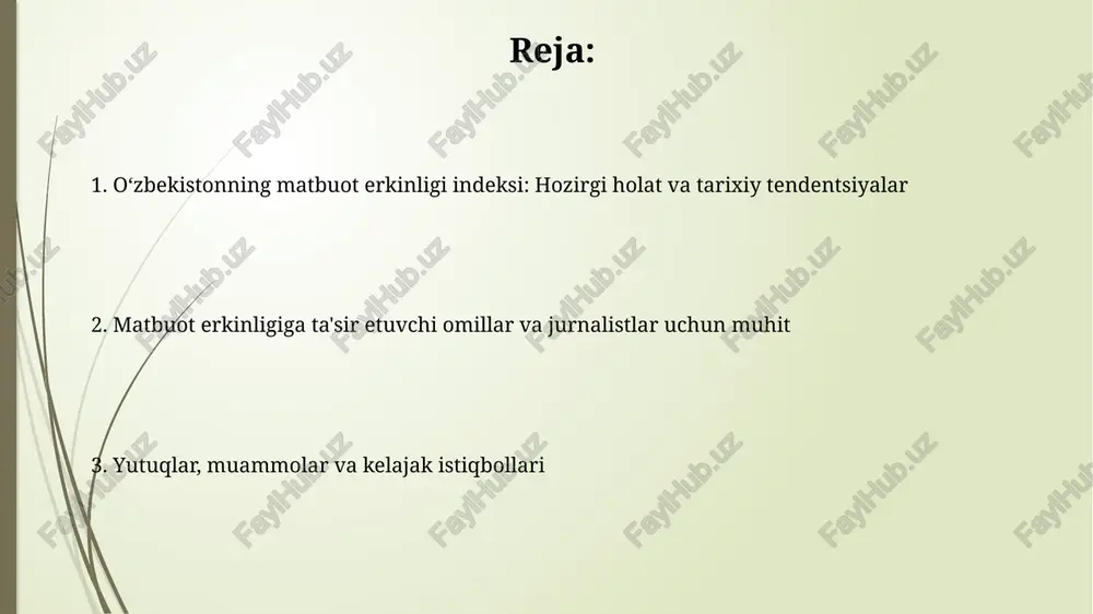 axshilangan bo'lsa-da, tazyiq va ta'qiblar holatlari hali ham mavjud, bu esa ularning faoliyatiga salbiy ta'sir ko'rsatmoqda. qonunchilik bazasi "ommaviy axborot vositalari to'g'risida"gi qonun bilan tartibga solinadi, ammo undagi ayrim moddalar tanqidni cheklash va senzura imkoniyatini yaratishi sababli xavotir uyg'otadi. davlat nazorati, sensura va o'zini-o'zi senzura o'zbekistonda davlat nazorati asosan oavning litsenziyalanishi va akkreditatsiyasi orqali amalga oshiriladi, bu jarayon shaffof emasligi va tanqidiy qarashlarni cheklashi mumkin. sensura ko'pincha rasmiy emas, lekin siyosiy jihatdan sezgir mavzularni yoritishda o'zini-o'zi senzura keng tarqalgan bo'lib, bu jurnalistlarning xolisligiga ta'sir qiladi. xalqaro tashkilotlarning baholashlari va taqqoslash «chegara bilmas muxbirlar» tashkilotining butunjahon matbuot erkinligi indeksida o'zbekiston 2023-yilda 180 mamlakat ichida 137-o'rinni egalladi, bu avvalgi yillarga nisbatan sezilarli yaxshilanishdir. freedom house o'zbekiston matbuotini «erkin emas» deb baholaydi, ammo ular siyosiy va iqtisodiy muhitdagi asta-sekin yaxshilanishlarni tan oladilar. erishilgan yutuqlar, muammolar va kelajak istiqbollari o'zbekiston 2016-yildan beri matbuot erkinligi indeksida sezilarli o'sishga erishdi, bu davlat siyosatida ijobiy o'zgarishlar va …