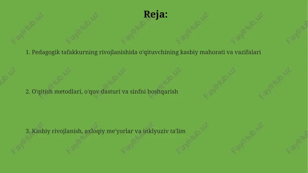 i tizimli yondashuvlar qo'llaniladi va har bir bosqichda maqsad aniq bo'lishi kerak. sinfni boshqarish va o'quvchilarni qo'llab-quvvatlash sinfni boshqarish erta bosqichlarida ijobiy munosabatni yaratish juda muhim, bu esa o'quvchilarni qo'llab-quvvatlash va samarali ta'lim muhitini shakllantirishga yordam beradi. o'quvchilarni qo'llab-quvvatlashning muhim jihati - ularning individual ehtiyojlarini aniqlash va ularga moslashtirilgan ta'lim strategiyalarini qo'llash, shu bilan birga ularning o'sishini ta'minlash. sinfda tartibni saqlash uchun, oldindan aniq qoidalar o'rnatish va ularga qat'iy rioya qilish, shuningdek, o'quvchilarning xatti-harakatlarini doimiy monitoring qilish kerak. ota-onalar bilan hamkorlik va kasbiy rivojlanish o'qituvchilar har yili kamida 40 soatlik kasbiy rivojlanish dasturlarida ishtirok etishi, yangi pedagogik usullar, texnologiyalar va inklyuziv ta'lim bo'yicha ko'nikmalarni oshirishi shart. ota-onalar bilan mustahkam aloqalarni o'rnatish, o'quvchilarning 360 darajalik rivojlanishini ta'minlash uchun zarur, shu jumladan, kundalik ta'limdagi progress va qiyinchiliklar haqida xabardor qilish lozim. o'zaro hurmat va ishonchga asoslangan munosabatlarni shakllantirish uchun ota-onalar bilan muntazam uchrashuvlar (masalan, har chorakda 2 marta), shuningdek, turli tadbirlarni birgalikda …