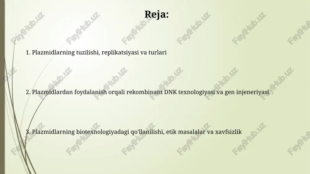 90% aniqlik bilan amalga oshiriladi. plazmid vektorlari va genlarning klonlanishi plazmid vektorlari odatda kichik, dumaloq dnk molekulalari bo'lib, 2000 dan 10000 baz juftligigacha bo'ladi va genlarni klonlash uchun samarali transport vositasi sifatida xizmat qiladi. genlarni klonlashda plazmid vektorlari maqsadli dnk fragmentlarini bakteriyalar kabi mezbon hujayralariga kiritish uchun ishlatiladi, bunda vektorlardagi ko'paytirish qobiliyati muhimdir. plazmidlarning biotexnologiyadagi qo'llanilishi (vaktsinalar, oqsillar) plazmidlar vaktsinalar ishlab chiqarishda genlarni tashish uchun ishlatiladi, bunda antijen gen 1000-5000 nukleotidlik plazmidga kiritilib, immunitetni rag'batlantiradi. biotexnologiyada plazmidlar oqsillarni ishlab chiqarishda xost hujayralarida gen ekspressiyasini oshirish uchun ishlatiladi, natijada maqsadli oqsillarning yuqori miqdori 10-100 mg/l ga yetadi. etik masalalar, xavfsizlik va plazmidlarning barqarorligi plazmidlarning barqarorligi genetik modifikatsiyalarda muhim ahamiyatga ega, 100% saqlanishi uchun eukariotik hujayralarda foydalanishning xavfsiz usullari ishlab chiqilishi kerak. antibiotiklarga chidamlilik genlarining plazmidlar orqali tarqalishi xavfsizlik muammolarini keltirib chiqaradi, bu esa tibbiyotda kasalliklarni davolashda 50-80% muammolarni oshiradi. e'tiboringiz uchun rahmat @taqdimot_robot image2.jpg image3.jpg image4.jpg image5.jpg image6.jpg image7.jpg image8.jpg