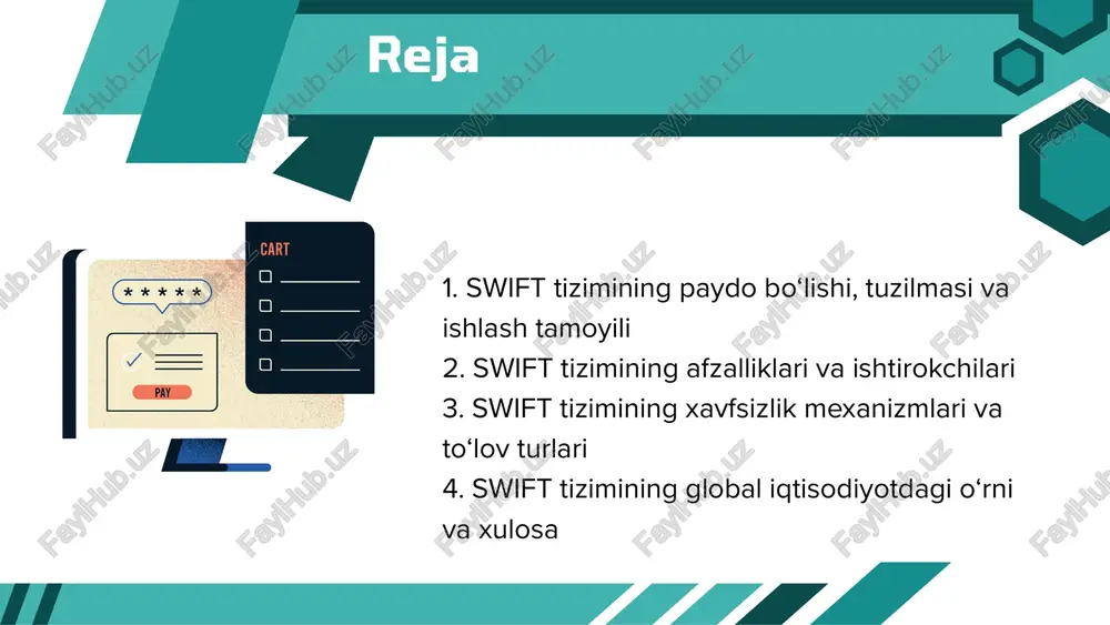 or siyosatlar, tamoyillar va amaliyotlar yuqori darajadagi xavfsizlik va maxfiylik. xalqaro to‘lovlarning tezkor amalga oshirilishi. standartlashtirilgan xabar formati – barcha banklar uchun yagona. ishonchlilik – tizim 99,99% barqarorlikda ishlaydi. global tarmoq – dunyoning deyarli barcha yirik banklari ulanib bo‘lgan. swift tizimining asosiy afzalliklari swiftning tashkiloti va boshqaruvi bosh qarorgohi belgiyada joylashgan sviftning xalqaro boshqaruvi va nazorati kooperativ tuzilmasining neytral, global xarakterini mustahkamlaydi. swift aktsiyadorlari kompaniyani boshqaradigan va boshqaruvni nazorat qiluvchi 25 direktordan iborat kengashni saylaydi. swift boshqaruvi swift xabar almashish xizmatlaridan foydalanishni aks ettirish, bizning global ahamiyatimizni ta'minlash, xalqaro aloqalarimizni qo'llab-quvvatlash va swiftning qat'iy betarafligini qo'llab-quvvatlash uchun ishlab chiqilgan. shifrlash (encryption): har bir xabar maxfiy tarzda kodlanadi. autentifikatsiya: har bir bank faqat o‘zining swift kodi orqali kiradi. ruxsat nazorati: faqat vakolatli xodimlar xabarlarni yubora oladi. audit izlari: har bir operatsiya qayd etiladi va kuzatiladi. zaxira markazlar: ma’lumotlar bir nechta serverlarda saqlanadi. swift tizimining xavfsizlik mexanizmlari swift orqali amalga oshiriladigan to‘lov …