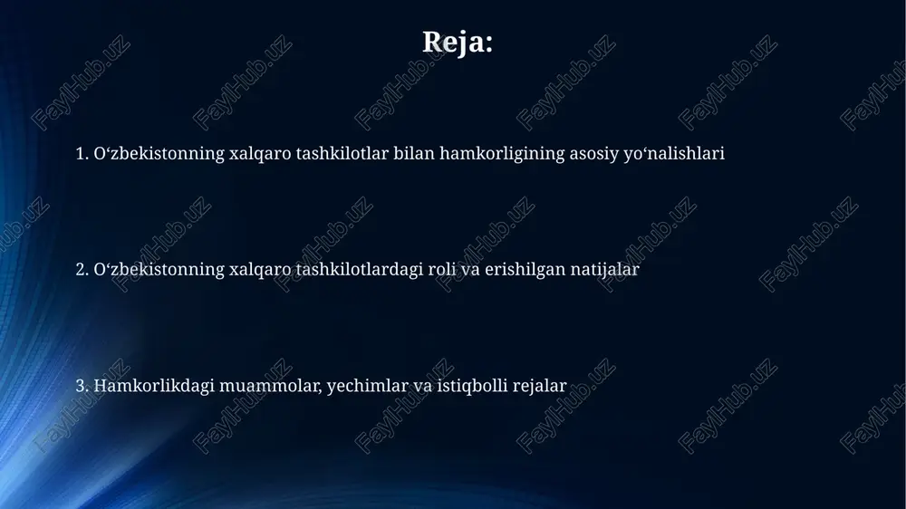 b, 150 dan ziyod loyihalarni amalga oshirib, talabalar almashinuvini rivojlantirmoqda. ekologiya, barqaror rivojlanish va xavfsizlik sohasidagi hamkorlik o'zbekiston bmt bilan orol dengizining qurishi oqibatlarini yumshatish bo'yicha 2021-2025 yillarga mo'ljallangan maxsus dasturni amalga oshirmoqda, 10 million dollardan ortiq mablag' jalb qilingan. o'zbekiston shht doirasida mintaqaviy xavfsizlikni ta'minlashda faol ishtirok etadi, jumladan, har yili o'tkaziladigan "tinchlik missiyasi" harbiy mashg'ulotlarida terrorizmga qarshi kurash bo'yicha hamkorlik qiladi. erishilgan natijalar, muammolar va yechimlar oʻzbekiston 2017-yildan buyon bmtning barqaror rivojlanish maqsadlariga erishishda sezilarli natijalarga erishdi, ammo iqlim oʻzgarishi va suv resurslari tanqisligi muammolarini hal etish zarur. mdh doirasida oʻzbekiston savdo aylanmasini oshirdi, lekin byurokratik toʻsiqlar va transport logistikasi bilan bogʻliq muammolar mavjud boʻlib, ularni raqamlashtirish va tariflarni uygʻunlashtirish orqali yechish mumkin. istiqbolli loyihalar, tashqi siyosat va xalqaro imij o'zbekistonning "yashil iqtisodiyot"ga o'tish konsepsiyasi doirasida 2030-yilgacha qayta tiklanuvchi energiya ulushini 25% ga yetkazish bo'yicha istiqbolli loyihalari xalqaro imijni yaxshilaydi. tashqi siyosat strategiyasida markaziy osiyo davlatlari bilan do'stona …