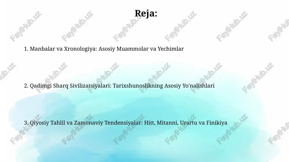 arxivlaridan olingan. urartu tarixshunosligi asosan miloddan avvalgi 9-6 asrlarga oid mixxat yozuvlari, xususan podshoh yozuvlariga tayanadi. arxeologik qazishmalar shaharlar tuzilishini aniqlashda muhim ahamiyatga ega. arxeologik va epigrafik manbalar talqini arxeologik topilmalarni talqin qilishda stratigrafiya muhim ahamiyatga ega, chunki madaniy qatlamlar ketma-ketligi miloddan avvalgi 3000-yildan boshlab voqealarni aniqlashga yordam beradi. epigrafik manbalar, masalan, bisutun yozuvi, uch tilda (qadimgi fors, elam, akkad) yozilganligi tufayli qadimgi yaqin sharq tarixi uchun muhim ma'lumot manbai hisoblanadi. ijtimoiy-iqtisodiy va siyosiy tarixni o'rganish qadimgi sharq ijtimoiy-iqtisodiy tarixini o'rganishda er egaligi, savdo yo'llari va hunarmandchilik markazlari kabi omillar ahamiyatga ega. masalan, hitt davlatida yerlar 3 asosiy toifaga bo'lingan. siyosiy tarix tadqiqotlarida hukmdorlar ro'yxati, sulolalar tarixi, harbiy yurishlar va shartnomalar muhim. masalan, mitanni davlatining siyosiy tarixi 15-13 asrlarni qamrab oladi. madaniyat, din, san'at va zamonaviy tendensiyalar qadimgi sharq dinlarining sinkretik xususiyatlari, masalan, xett panteonidagi 1000 dan ortiq xudolar, mahalliy va mesopotamiya unsurlarini birlashtirgan, madaniyatlararo ta'sirni ko'rsatadi. urartu san'ati, ayniqsa …
