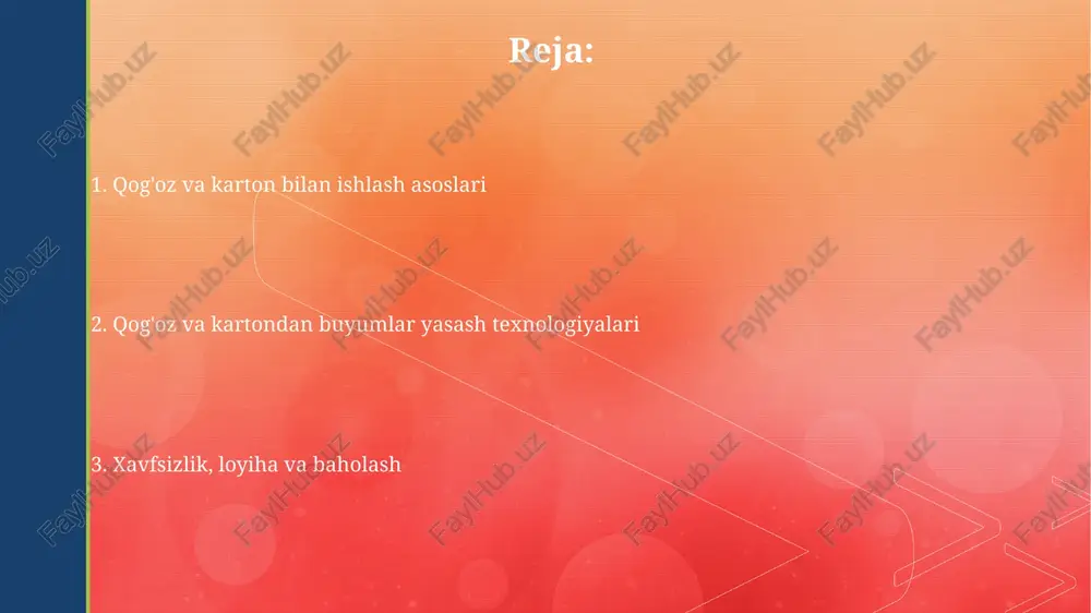 ilish juda muhimdir. 10 santimetrdan ortiq kesishlarni amalga oshirmaslik tavsiya etiladi. yelim bilan ishlashda faqatgina suvda eruvchi, toksik bo'lmagan yelimlardan foydalaning; yelimni ko'zga tushishidan saqlaning va yaxshi shamollatiladigan joyda ishlang, aks holda 15 daqiqa davomida yuvish kerak. loyiha ishlari va baholash mezonlari loyiha ishlarida talabalar 3 dan 5 gacha qadamdan iborat bo'lgan rejalashtirish, material tanlash, kesish, yopishtirish va bezashni o'z ichiga olgan ijodiy loyihalarni amalga oshiradilar. baholash mezonlari loyiha ijrosining 4 ta asosiy jihatini qamrab oladi: ijodkorlik 25%, aniqlik 25%, mahorat 25% va xavfsizlik qoidalariga rioya qilish 25%. e'tiboringiz uchun rahmat @taqdimot_robot image5.jpg image6.jpg image7.jpg image8.jpg image9.jpg image10.jpg image1.png image2.png