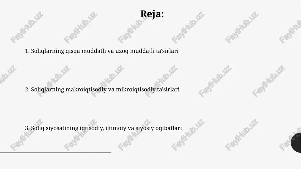 orlari o'zgarishi mumkin. soliqlar mahsulotlar va xizmatlarning nisbiy narxlariga ta'sir qiladi, masalan, 10% qqs iste'molchilar xarajatlarini oshiradi va bu talab va taklifga ta'sir qiladi. davlat daromadlari va xarajatlari soliqlar davlat daromadlarining asosiy manbai bo'lib, sog'liqni saqlash, ta'lim va infratuzilma kabi muhim davlat xarajatlarini moliyalashtirish uchun zarur bo'lgan mablag'larni ta'minlaydi va o'z navbatida iqtisodiy o'sishni ta'minlaydi. davlatning soliqdan tushadigan daromadlari xarajatlarni qoplash uchun etarli bo'lmasa, hukumatlar qarz olishga majbur bo'ladi, bu davlat qarzi va kelajakdagi soliq majburiyatlarining ortishiga olib kelishi mumkin. investitsiyalar, jamg'arish va ish bilan ta'minlash soliqlar jamg'arishga bevosita ta'sir qiladi; yuqori soliq stavkalari odamlarning jamg'arish uchun mavjud bo'lgan bir martalik daromadini kamaytiradi, shu bilan jamg'arma miqdorini qisqartiradi. korporativ soliqlar investitsiyalarga katta ta'sir ko'rsatadi, chunki yuqori stavkalar daromadlilikni pasaytiradi va biznesni yangi loyihalarga investitsiya qilishdan to'xtatishi mumkin, bu esa ish o'rinlarining kamayishiga olib keladi. soliq siyosatining o'zgarishi va iqtisodiy o'sishga ta'siri soliq siyosatidagi o'zgarishlar investitsiyalarni rag'batlantirish uchun soliq imtiyozlarini joriy …
