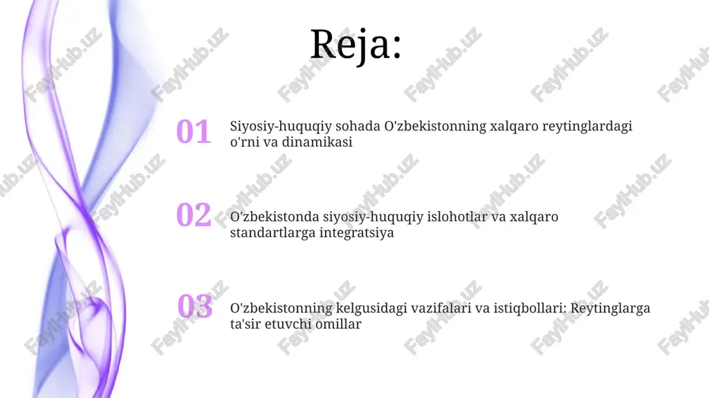 huquq tizimini isloh qilish – xolislikni, shaffoflikni va javobgarlikni ta’minlash, mustaqil sud hokimiyatini yaratish, bu esa davlatning reytingini oshirishda muhim omildir. o'zbekistonda inson huquqlari va demokratik institutlarni rivojlantirish so'nggi yillarda o'zbekistonda fuqarolik jamiyati institutlari soni 20% ga oshdi, bu esa nodavlat notijorat tashkilotlarining faolroq ishtirok etishiga imkon yaratdi. o'zbekiston 2021-yilda inson huquqlari bo'yicha milliy strategiyani qabul qildi, bu sohada davlat siyosatini 2025-yilgacha belgilaydi va asosiy yo'nalishlarni aniqlaydi. xalqaro tashkilotlar bilan hamkorlik: o'zbekiston tajribasi o'zbekiston bmt bilan hamkorlikda 2030 yilgacha barqaror rivojlanish maqsadlariga erishishga intilib, siyosiy va huquqiy islohotlarni amalga oshirmoqda, shu jumladan qonun ustuvorligini mustahkamlash orqali. o'zbekiston yexht bilan hamkorlik orqali 57 a'zo davlatning tajribasidan foydalanib, saylov qonunchiligini takomillashtirish, inson huquqlarini himoya qilish va demokratik institutlarni rivojlantirish bo'yicha loyihalarni amalga oshirmoqda. reytinglarga ta'sir etuvchi omillar, muammolar va kelgusidagi vazifalar ichki siyosiy barqarorlik va qonun ustuvorligi reytinglarga ta'sir qiluvchi asosiy omildir; 2023-yilda o'zbekistonda bu sohada sezilarli o'zgarishlar kuzatildi. korrupsiyaga qarshi kurashning …