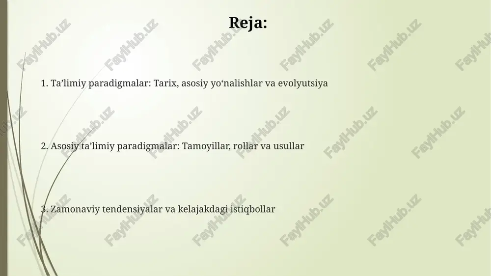bo'lib, javoblar 100% o'qituvchi tomonidan beriladi. kognitivizmda o'qituvchi bilimni tashkil etuvchi, o'quvchi esa faol ishtirok etuvchi, 50% bilimni izlovchi, 50% o'qituvchiga bog'liq bo'lgan bilim oluvchidir. ta'limiy paradigmalarda o'qitish usullari va baholash behavioristik ta'limda o'qitish usullari rag'batlantirish va jazolashga asoslangan, baholash esa testlar orqali obyektiv o'lchashga qaratilgan, xatolarni kamaytirish maqsadida. kognitivizmda o'qitish usullari muammoli vaziyatlarni hal qilish va xotirani mustahkamlashga yo'naltirilgan; baholash tushunish darajasini aniqlash uchun tahlil va sintezni o'z ichiga oladi. konstruktivizmda o'qitish usullari loyiha asosida o'qitish va hamkorlikni qo'llab-quvvatlaydi, baholash esa portfoliolar va o'z-o'zini baholash orqali o'quvchining rivojlanishini aks ettiradi. zamonaviy ta'limiy paradigmalar va texnologiya integratsiyasi virtual reallik (vr) va kengaytirilgan reallik (ar) kabi texnologiyalar immersiv ta’lim tajribasini taqdim etadi, bu orqali talabalar murakkab mavzularni 3d vizualizatsiya orqali tushunishlari mumkin. zamonaviy ta’limda texnologiya integratsiyasi moslashuvchan o’rganish muhitini yaratadi, bunda ai (sun’iy intellekt) orqali shaxsiy o’quv dasturlari 24/7 rejimida o’quvchilarga taqdim etiladi. big data tahlili o’qituvchilarga talabalarning o’zlashtirish tendensiyalari haqida …