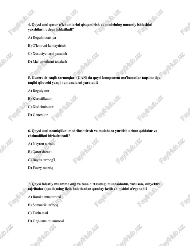 motlarni yig'ish jarayonini tezlashtirish d) kiritilgan xususiyatlarni kamaytirish 10. qaysi usul agentga atrof-muhitni o'rganish va optimal siyosatni o'rganish uchun sinov va xatolikdan foydalanishga imkon beradi? a) aktiv o'qitish b) nazorat ostida o'qitish c) yarim nazorat ostida o'qitish d) kuchaytirish orqali o'qitish javoblar: № javoblar 1 c 2 c 3 b 4 b 5 d 6 c 7 d 8 b 9 a 10 d /docprops/thumbnail.jpeg