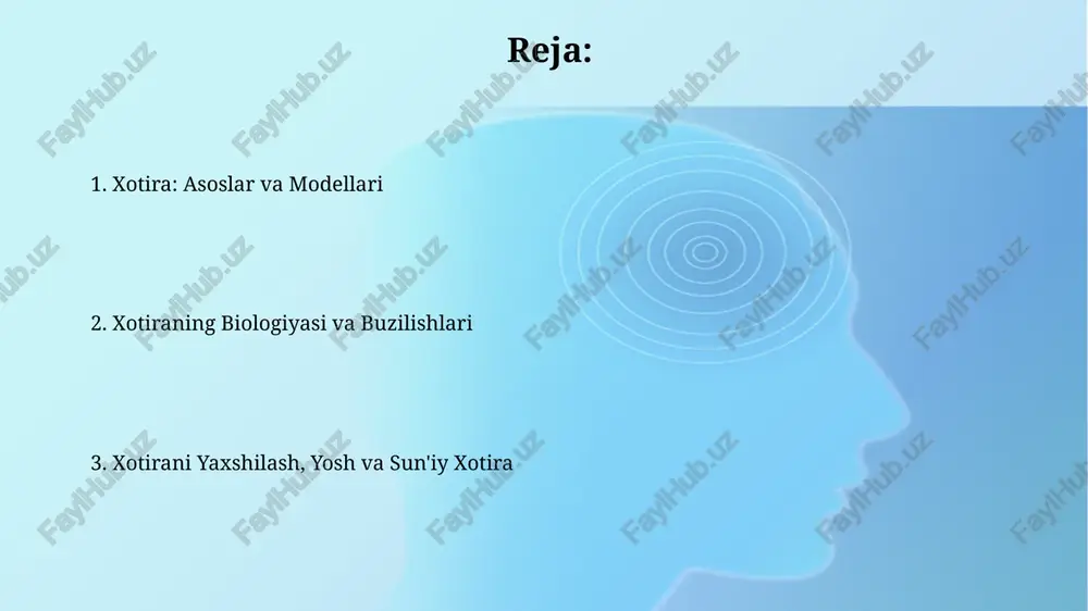 nadi. xotirani yaxshilash usullari spaced repetition usuli 10-20% eslash tezligini oshiradi, bunda ma'lumotni takrorlash intervali vaqt o'tishi bilan asta-sekin oshib boradi. bu uzoq muddatli xotirani mustahkamlashga yordam beradi. mnemotexnika, masalan, raqamlarni shakllarga aylantirish (1-g'oz, 2-o'rdak), 30% gacha eslab qolishni yaxshilaydi. bu vizual va assotsiativ xotirani ishga soladi. xotira: yosh, falsafa va sun'iy intellekt yosh bilan bog'liq xotira o'zgarishlari 60 yoshdan keyin tezlashishi mumkin, ammo xotirani mustahkamlash uchun 7-8 soatlik uyqu va doimiy o'rganish muhim ahamiyatga ega. falsafada xotira shaxsiyatning asosi sifatida ko'riladi; masalan, jon lokk xotirani shaxsiy identifikatsiyaning asosiy elementi deb hisoblagan va bu muhim falsafiy ahamiyatga ega. e'tiboringiz uchun rahmat @taqdimot_robot image2.png image3.jpg image4.jpg image5.jpg image6.jpg image7.jpg image8.jpg image1.png
