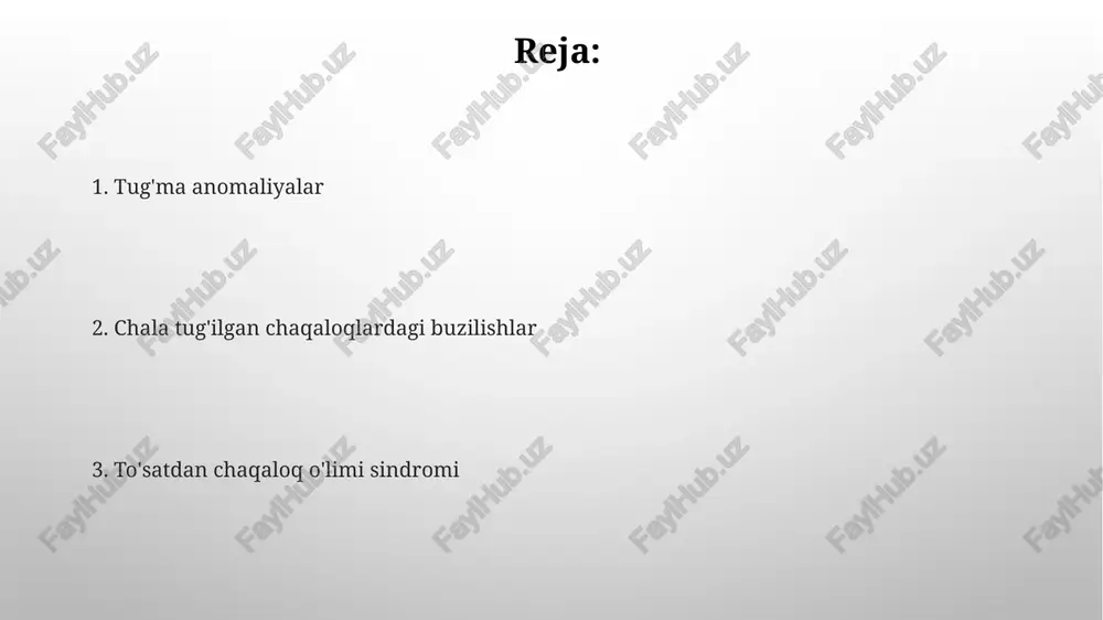 ik aralashuv, agar ichak teshilgan bo'lsa, kiradi. to'satdan chaqaloq o'limi sindromi (sids): sabablari va profilaktikasi sids ning sabablari to'liq aniqlanmagan, ammo genetik omillar, erta tug'ilish va 2-4 oylik davrda miya rivojlanishidagi nuqsonlar muhim rol o'ynashi mumkin. profilaktika uchun chaqaloqni orqa tomonida yotqizish, qattiq matrasdan foydalanish va chekish kabi xavf omillaridan qochish kerak; xavf 50% gacha kamayishi mumkin. sids xavfini kamaytirish bo'yicha tavsiyalar chaqaloqni har doim orqasida yotqizish kerak, yonbosh yoki qorin bilan emas, chunki bu sids xavfini taxminan 50% ga kamaytiradi, ayniqsa 6 oylikgacha bo'lgan bolalar uchun. qattiq, tekis yuzada uxlang, karavotda yumshoq narsalar, bo'shashgan choyshablar va o'yinchoqlardan saqlaning, chunki ular nafas olishni to'sib qo'yishi va sids xavfini oshirishi mumkin. e'tiboringiz uchun rahmat @taqdimot_robot image2.png image5.jpg image6.jpg image7.jpg image8.jpg image9.jpg image10.jpg image3.png