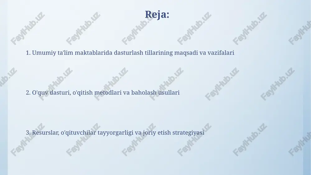 itetlari dasturlariga 8 semestr davomida dasturlash bo'yicha chuqurlashtirilgan kurslarni kiritish orqali malakali kadrlar tayyorlash zarur. resurslar, infratuzilma va ta'minot dasturlashni o'rgatish uchun minimal infratuzilma har bir o'quvchiga bitta kompyuter (yoki noutbuk), internetga ulanish va python kabi dasturlash tilining bepul ide'sini o'z ichiga olishi kerak. maktablar 10-15 ta kompyuter o'rnatilgan maxsus kompyuter xonasini jihozlashlari va o'quv jarayonini qo'llab-quvvatlash uchun onlayn kurslar, darsliklar va ochiq kodli loyihalar kabi bepul resurslardan foydalanishlari kerak. dasturlashni o'qitishning afzalliklari va kamchiliklari dasturlash, algoritmik fikrlashni rivojlantirib, 21-asr ko'nikmalarini shakllantiradi, lekin yaxshi jihozlangan kompyuter sinflari va malakali o'qituvchilar talab qiladi, bu esa qimmatga tushishi mumkin. dasturlashni o'rganish ijodkorlikni oshiradi va muammolarni yechish qobiliyatini kuchaytiradi, ammo darslar zerikarli bo'lsa, o'quvchilarning motivatsiyasi sezilarli darajada pasayishi mumkin. joriy etish strategiyasi va kelajak istiqbollari bosqichma-bosqich joriy etish strategiyasi 1-3 yillarda asosiy tushunchalarga e'tibor qaratib, 4-9 yillarda esa python kabi amaliy tillarga o'tishni nazarda tutadi. kelajakda sun'iy intellekt (ai) va ma'lumotlar tahlili (data …
