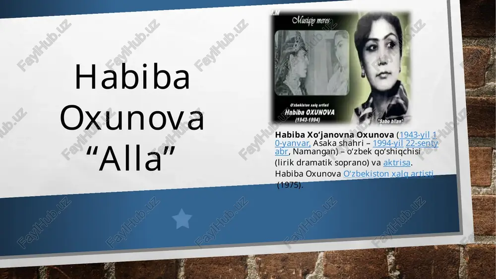 arafshon qizi“ spektaklida kumush, xurshidning „layli va majnun“, „farhod va shirin“ spektakllarda layli va shirin, uygʻun, i.sultonning „alisher navoiy“ asarida guli, k.yashinning „gulsara“sida gulsara, a.tursunning „mashrab“ spektaklida gulruh, gʻ.zafariyning „halima“ spektaklida halima, y.mirzoning „anvar ila raʼno“ asarida raʼno va william shakespearening, „otello“, „hamlet“ asarlarida dezdemona va ofeliya hamda s.abdullaning „alpomish“ spektaklida barchinoy kabi rollari bilan tanilgan. habiba oxunova lirik-dramatik obrazlarning mohir ijrochisi boʻlib, uning ijodi qahramonning ruhiy holatini, alam va oʻkinch hislari, iztiroblarini tomoshabinga dramatik oʻrtanishlarda, chuqur insoniy dard bilan yetkazib beri-shi bilan ajralib turadi. shuningdek, habiba oxunovaning „alla“, „koʻngil“, „koʻrmagan boʻlsam seni“, „odob bilan“, „kurkam vatanim“, „nay navosi“, „oshnoliging“, „barno yigit“, „sabo bilan“, „oʻzing“ hamda „nay deb“ singari qoʻshiklari, „ushshoq“, „taronai bayot“ maqom yoʻllari el orasida mashhur. shuningdek, habiba oxunova „gunoh“ filmida ona rolini ijro etgan. habiba oxunova uch farzand dunyoga keltirgan. habiba oxunova 1994-yil 22-sentyabr sanasida, 52 yoshida namanganda vafot etgan. image3.jpg image4.jpeg image5.png image6.png image7.png image8.png image9.png …