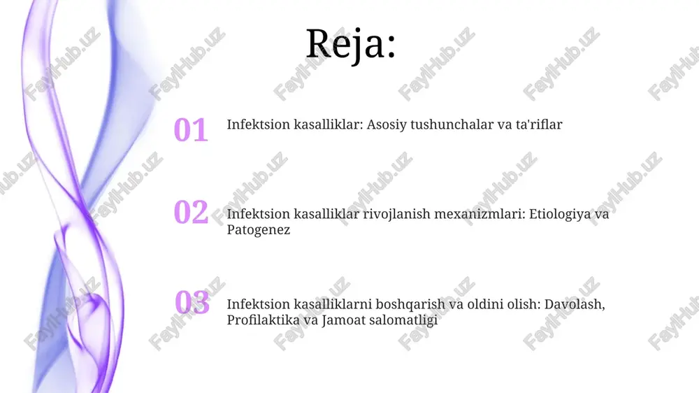 ko'pincha isitma 38°c dan yuqori bo'lishi, charchoq, mushak og'rig'i va ma'lum organlarning shikastlanishi kabi alomatlar kuzatiladi. infektsion kasalliklarni diagnostika qilish serologik testlar antitanachalar va antigenlarni aniqlash orqali infektsiyani diagnostika qilishda qo'llaniladi. masalan, elisa testi qondagi antitanachalarni aniqlash uchun keng qo'llaniladi, bu esa infektsiyani ko'rsatadi. infektsion kasalliklarni aniqlashda mikroskopiya va kultura usullari muhim. mikroskopiya mikroorganizmlarni to'g'ridan-to'g'ri ko'rish imkonini bersa, kultura mikroorganizmlarni o'stirish orqali aniqlashga yordam beradi. infektsion kasalliklarni differentsial diagnostika qilish differentsial diagnostika laboratoriya tekshiruvlari, masalan, qon tahlillari va rentgenografiyani o'z ichiga oladi, bu esa o'xshash klinik ko'rinishga ega bo'lgan 2 ta kasallikni farqlashga yordam beradi. differential diagnostikada kasallikning aniq sababini aniqlash uchun patogenlarni aniqlash uchun mikrobiologik testlar, masalan, gram bo'yash yoki pcr tekshiruvidan foydalanish muhim ahamiyatga ega. infektsion kasalliklarni davolash infektsion kasalliklarni davolashda antibiotiklar bakteriyalarga qarshi kurashadi, ammo viruslarga qarshi emas; shuning uchun diagnostika 90% aniq bo'lishi kerak. antiviral dorilar gripp kabi virusli infektsiyalarni davolashda ishlatiladi; ularning samaradorligi kasallikning 72 …