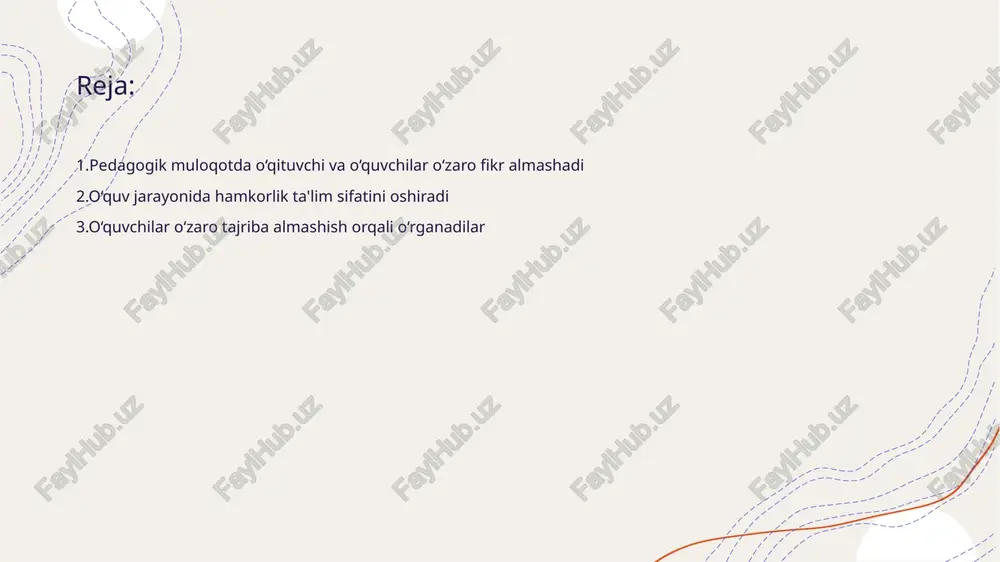 li ijtimoiy ko‘nikmalarini mustahkamlashadi o‘qituvchi va o‘quvchilar birgalikda muammolarni hal qilishadi • hamkorlik - o‘qituvchi va o‘quvchilar birgalikda muammolarni hal qilish jarayonida to‘g‘ri hamkorlik o‘rnatishlari muhimdir • fikr almashish - muammo yechishda fikr almashish o‘qituvchining va o‘quvchilarning yangiliklarni tushunishida yordam beradi pedagogik muloqot o‘quvchilarning ijodkorligini rivojlantiradi • ijodiy fikrlash - pedagogik muloqot o‘quvchilarda ijodiy fikrlash qobiliyatini rivojlantiradi va yangi g‘oyalarni ishlab chiqishga yordam beradi • muloqot va hamkorlik - o‘quvchilar o‘rtasida samarali muloqot va hamkorlikni ta'minlash ijodiy ishlarni yanada boyitishga xizmat qiladi • qiziqish uyg‘otish - pedagogik muloqot o‘quvchilarni qiziqtirgan mavzularni muhokama qilish orqali ijodkorlikni oshiradi • o‘rganish jarayoni - natijada, pedagogik muloqot orqali o‘quvchilarning o‘rganish jarayoni yanada samaralashadi va ilg‘or fikrlash qobiliyatlari rivojlanadi o‘qituvchilar o‘zaro hamkorlikda ta'lim strategiyalarini ishlab chiqadilar • hamkorlikning ahamiyati - o‘qituvchilar birgalikda ishlash orqali murakkab ta'lim muammolarini hal qilishda yordam beradi • strategiya ishlab chiqish - o‘qituvchilar o‘zaro tajriba va fikr almashish orqali qiziqarli va …