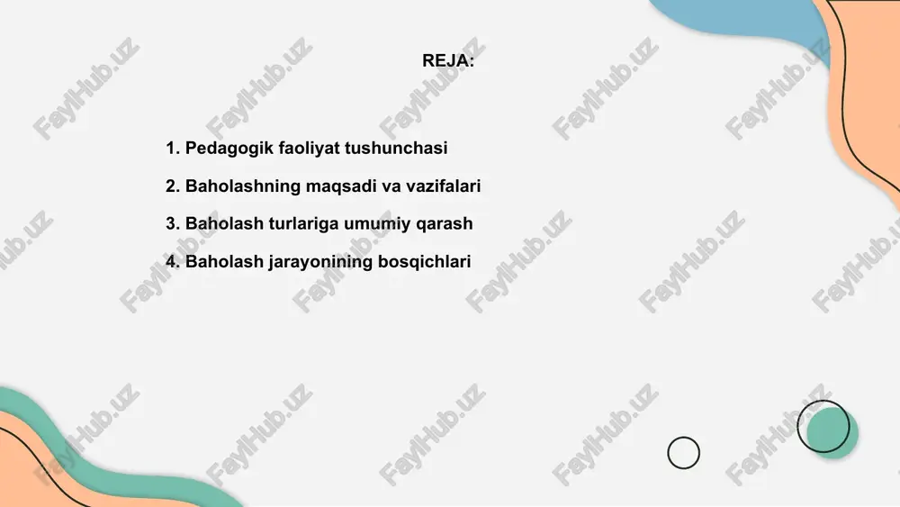 iq. baholash jarayoni bosqichlaridan boshlab, maqsadlarni belgilash, ma’lumotlarni to‘plash va tahlil qilish muhim. bu pedagogik yondashuv nazariy va amaliy asoslarni shakllantiradi. yakuniy bosqichda natijalarni tahlil qilish va muvofiqlashtirish jarayoni, o‘quvchilarning muvaffaqiyatini oshirish uchun muhim strategik qadam hisoblanadi. bu umumiy rivojlanishni ta’minlaydi. baholash va tizimiy ta'lim pedagogik faoliyatda baholash ta'lim jarayonining muhim qismi hisoblanadi, u o'quvchi rivojlanishini va o'quv natijalarini aniqlash imkoniyatini beradi. baholash psixologik mohiyatga ega bo'lib, o'quvchilar psixologik holati va motivatsiyasini tushunishga yordam beradi, shuningdek, ta'limni optimallashtirish uchun xizmat qiladi. tizimli ta'limda baholashlarning roli muhim bo'lib, u ta'lim sifatini oshirish, o'qituvchilarga metodlarni takomillashtirishda yordam beradi va o'quv jarayonini boshqaradi. 01 03 02 o'qituvchilarning baholash metodlari pedagogik faoliyatda baholash jarayoni muhim o‘rin tutadi, u o‘quvchilarning rivojlanishini va martabasini aniqlashda psixologik mohiyatga ega. baholash metodlari har xil bo‘lib, o‘qituvchilar uchun tanlangan usullarga asoslangan tayyorlanadi. baholash psixologik jihatdan o‘quvchilarning individual xususiyatlarini, motivatsiya darajasini va ta’lim jarayonidagi muvaffaqiyatlarini aniqlash imkonini yaratadi. bu metodlar …