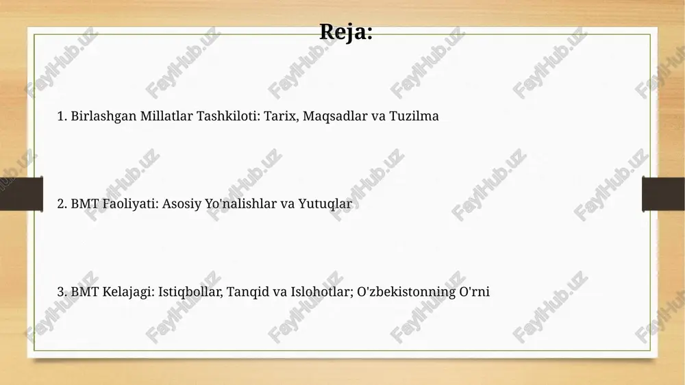 operatsiyalarini amalga oshirdi va millionlab odamlarni himoya qildi. kamchiliklaridan biri - xavfsizlik kengashidagi veto huquqi, bu esa 5 ta doimiy a'zoga muhim masalalarda blok qo'yish imkonini beradi, bu esa samaradorlikni pasaytiradi. bmtni moliyalashtirish va islohot masalalari bmt byudjeti aʼzo davlatlarning yalpi ichki mahsulotiga (yaim) qarab baholanadi, bunda aqsh 22% gacha boʻlgan eng katta hissani qoʻshadi. toʻlovlar oʻz vaqtida amalga oshirilmasa, ovoz berish huquqi cheklanishi mumkin. bmt islohotlari kotibiyatni soddalashtirish, samaradorlikni oshirish va byurokratik toʻsiqlarni bartaraf etishga qaratilgan, masalan, 2018-yilda boshlangan boshqaruv islohotlari hisoblanadi. o'zbekiston va bmt hamkorligi, kelajakdagi istiqbollar o‘zbekiston bmt bilan 2030 yilgacha bo‘lgan barqaror rivojlanish maqsadlariga (brm) erishishda faol hamkorlik qilmoqda, shu jumladan kambag‘allikni kamaytirish va ta’limni yaxshilash bo‘yicha loyihalarda. o‘zbekiston bmtning mintaqaviy terrorizmga qarshi kurashish markazi bilan aloqalarni mustahkamlab, mintaqaviy xavfsizlikni ta’minlash va transmilliy jinoyatchilikka qarshi kurashishda muhim rol o‘ynamoqda. e'tiboringiz uchun rahmat image7.jpg image8.jpg image9.jpg image10.jpg image11.jpg image12.jpg image13.jpg image3.png image4.png