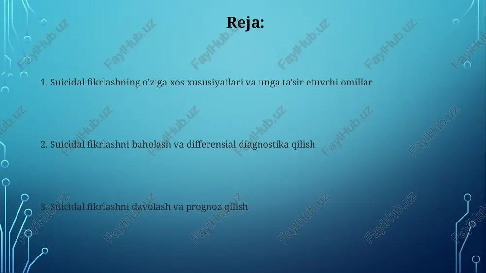 og'liq bo'lmasligi mumkin. davolash usullari kognitiv xulq-atvor terapiyasi (kxt) bemorlarga o'zlarining salbiy fikrlarini tanib olishga va ularni 12-16 seans davomida realistikroq fikrlar bilan almashtirishga yordam beradi. dialektik xulq-atvor terapiyasi (dxt) o'z joniga qasd qilish fikrlari bilan kurashayotgan bemorlarga emotsiyalarni tartibga solish, stressni boshqarish va shaxsiy munosabatlarni yaxshilashga qaratilgan 6-12 oylik dastur orqali yordam beradi. prognoz va oldini olish qayta urinish xavfi birinchi 6-12 oyda yuqori bo'lib, depressiya simptomlari davom etishi bilan 50% gacha ortadi. oldini olish uchun intensiv davolash va kuzatuv zarur. umidsizlik darajasi yuqori bo'lgan bemorlarda prognoz yomonroq, 3 yillik davrda 20% gacha o'lim xavfi kuzatiladi. optimistik kayfiyatni shakllantirish muhim profilaktika hisoblanadi. e'tiboringiz uchun rahmat image3.png image4.jpg image5.jpg image6.jpg image7.jpg image8.jpg image9.jpg image2.png