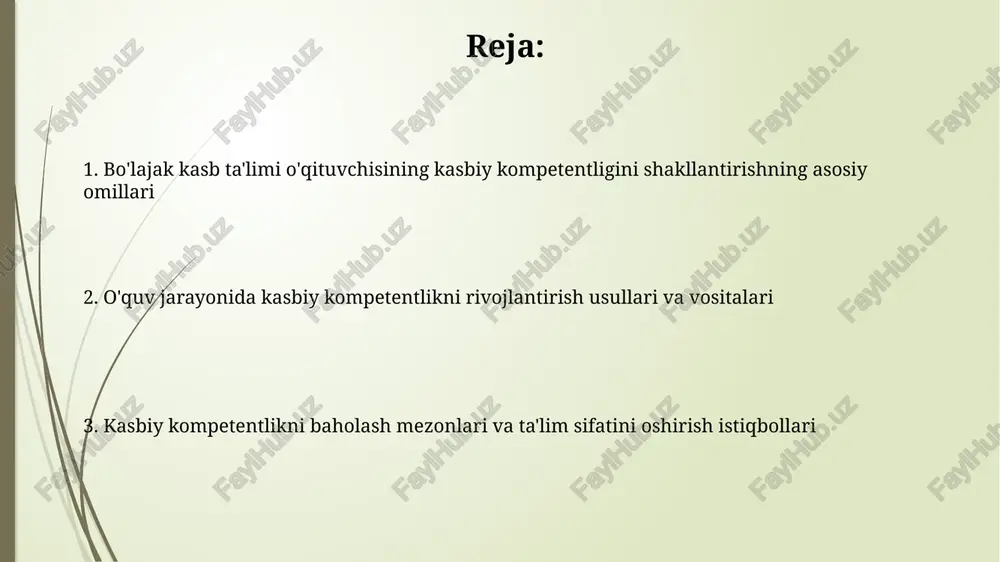 kompetentlikni rivojlantirish o'quv jarayonida 70/30 nisbatdagi amaliy mashg'ulotlar orqali kasbiy ko'nikmalarni rivojlantirish, nazariy bilimlarni amalda qo'llash imkoniyatini oshiradi. interaktiv metodlar, masalan, keys-stadilar va simulyatsiyalar, talabalarga 5 asosiy kompetentlikni (texnik, metodik, ijtimoiy, kommunikativ va shaxsiy) rivojlantirishga yordam beradi. kasbiy kompetentlikni baholash mezonlari va indikatorlari kasbiy kompetentlikni baholash mezonlari 5 ballik shkala asosida o'tkaziladi, bunda 4-5 ball talabaning nazariy bilim va amaliy ko'nikmalarga egaligini ko'rsatadi. baholash indikatorlari ish beruvchilarning talablari asosida ishlab chiqiladi, bu bo'lajak o'qituvchining 7 asosiy kasbiy kompetentligini aniq o'lchashga yordam beradi. kasbiy kompetentlikni shakllantirishda ta'lim muassasasining roli va istiqbollari ta'lim muassasalari 2024-yildan boshlab yangi o'quv dasturlarini ishlab chiqishi kerak, bunda kasbiy kompetentlikni shakllantirish uchun 70% amaliyot va 30% nazariyaga asoslanadi. o'quv markazlari zamonaviy uskunalar bilan ta'minlanishi va har 3 yilda o'qituvchilarning malakasini oshirish bo'yicha 144 soatlik kurslar tashkil etishi zarur. e'tiboringiz uchun rahmat image1.jpg image2.jpg image3.jpg image4.jpg image5.jpg image6.jpg image7.jpg