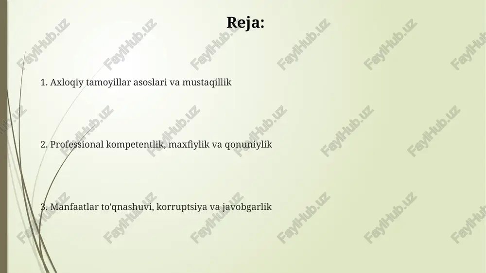 kma va tajribaga ega bo'lishni anglatadi, audit standartlari 200-sonli talablariga muvofiq sifatli tekshiruv o'tkazish uchun. ehtiyotkorlik, auditni rejalashtirish va o'tkazishda yetarli darajada e'tiborli bo'lishni, 315-sonli standartga muvofiq xatoliklar va qonunbuzarliklarni aniqlash uchun professional skeptisizmni qo'llashni o'z ichiga oladi. auditorlar doimiy ravishda professional rivojlanishga intilishlari, 120 soatlik cpd talablariga rioya qilishlari va 2400-sonli standartga ko'ra yangi qonunlar va qoidalardan xabardor bo'lishlari kerak. qonun va qoidalarga rioya qilish qonun va qoidalarga rioya qilish 42-moddada belgilanganidek, auditorning hisobot berishda xolisligini ta'minlaydi hamda javobgarlikni oshiradi. auditorlar, 58-sonli qonunga ko'ra, moliyaviy hisobotlarni tekshirish jarayonida barcha tegishli qonunlar, qoidalar va standartlarga qat'iy rioya etishlari shart. barcha auditorlar 2023-yilgi auditorlik standartlariga muvofiq, tegishli huquqiy va me'yoriy talablarga doimiy ravishda mos kelishlari kerak. manfaatlar to'qnashuvi agar auditor mijoz va boshqa manfaatdor tomonlar o'rtasida 100% manfaatlar to'qnashuvini aniqlasa, zudlik bilan professional yordam so'rashi kerak. auditorning manfaatlar to‘qnashuvi vaziyatlari 200-sonli xalqaro audit standartiga zid keladi, shuning uchun u professional xulq-atvor …