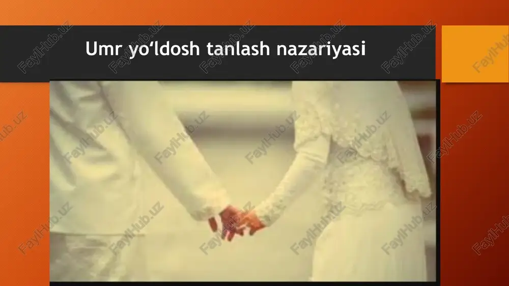 iya, antropologiya va madaniyatshunoslikda o‘rganiladi. psixologiyada shaxsning xususiyatlari, intilishlari, emotsional holati, ehtiyojlari va qadriyatlari umr yoʻldosh tanlashga ta’sir qiluvchi asosiy omillar sifatida ko‘riladi. ijtimoiy jihatdan esa, tanlov ijtimoiy qatlamlar, oilaviy an’analar, madaniy normalar va jamiyatdagi o‘zgarishlar bilan chambarchas bog‘liq. shuningdek, zamonaviy jamiyatda erkak va ayol rolining o‘zgarishi, shaxsning mustaqilligi va o‘zini anglash darajasi ortib borayotgani umr yoʻldosh tanlash jarayoniga yangi qirralar qo‘shmoqda. masalan, qaror qabul qilishda erkinlik, shaxsiy rivojlanish va professional maqsadlarning hisobga olinishi muhim ahamiyat kasb etmoqda. mavzuning dolzarbligi va ilmiy tadqiqotlariga umumiy nazar bugungi kunda oilaviy munosabatlar va umr yoʻldosh tanlash masalasi jamiyatda juda katta dolzarblik kasb etmoqda. globalizatsiya, axborot texnologiyalarining rivojlanishi, shuningdek, ijtimoiy va madaniy o‘zgarishlar oila institutining o‘zgarishiga sabab bo‘layotganligi sababli, umr yoʻldosh tanlash nazariyasi yangi va keng qamrovli ilmiy izlanishlarni talab qiladi. ilmiy tadqiqotlar shuni ko‘rsatadiki, noto‘g‘ri tanlangan umr yoʻldoshlar o‘rtasida ziddiyatlar, tushunmovchiliklar va ijtimoiy muammolar ko‘payadi, bu esa nafaqat oilaga, balki butun jamiyatga salbiy …