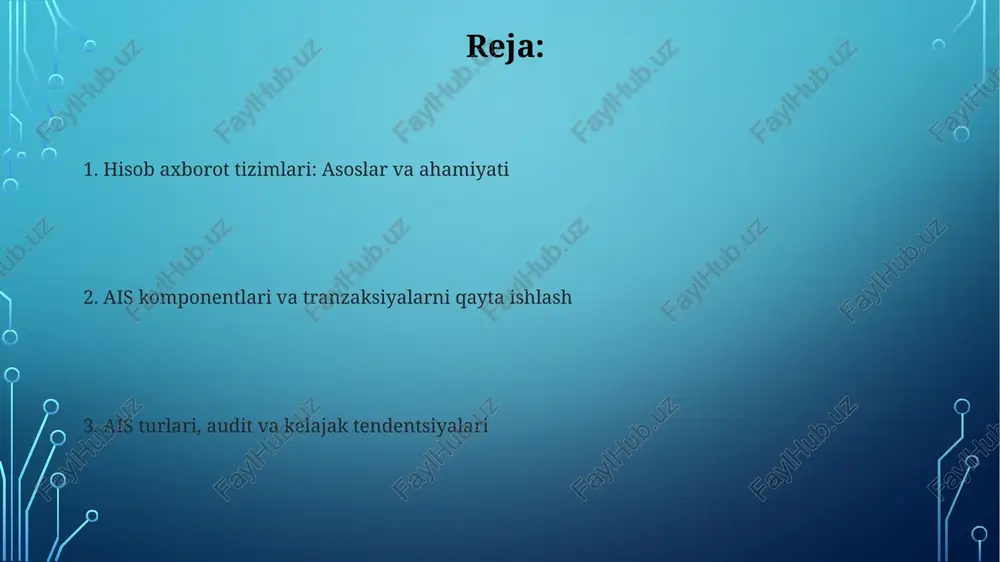 is 100% inson tomonidan amalga oshiriladi, buxgalterlar jurnallarga yozuvlar kiritadi va hisobotlarni qo'lda tuzadi, bu esa xatolarga olib kelishi va sekinroq bo'lishi mumkin. kompyuterlashtirilgan ais dasturiy ta'minot va apparatdan foydalanadi, lekin ko'pincha 1 yoki 2 ta funksiyaga e'tibor qaratadi, masalan, ish haqi, umumiy kitobning qo'lda integratsiyasi bilan. aisni loyihalash, amalga oshirish va audit aisni loyihalashda biznes ehtiyojlarini aniqlash, tizim talablarini belgilash va 1-bosqichda jarayonlarni modellashtirish muhim, shuningdek, foydalanuvchi talablarini 100% qondirish kerak. aisni amalga oshirish, dasturiy ta'minotni o'rnatish, ma'lumotlarni konvertatsiya qilish, xodimlarni o'qitish va 90 kun davomida tizimni sinovdan o'tkazishni o'z ichiga oladi hamda foydalanuvchilarni qo'llab-quvvatlashni ta'minlaydi. kelajak tendentsiyalari va texnologiyalari blokcheyn texnologiyasi 2024-yilga kelib moliyaviy audit va ta'minotda shaffoflikni oshirish, tranzaksiyalarni qayd etish va nazorat qilish xarajatlarini kamaytirish imkoniyatini beradi. sun'iy intellekt (ai) va mashinani o'rganish (ml) 2025-yilga kelib firibgarlikni aniqlash, xatarlarni baholash va avtomatlashtirilgan hisobot berish kabi ais funktsiyalarini sezilarli darajada takomillashtiradi. e'tiboringiz uchun rahmat image3.jpg image4.jpg image5.jpg …