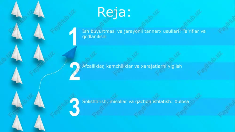 ahsulotlari ishlab chiqarishda, har bir bo'lim uchun o'rtacha xarajatlar hisoblanadi va katta hajmdagi bir xil mahsulot ishlab chiqariladi. ish buyurtmasi tannarx usulining afzalliklari ish buyurtmasi tannarx usuli aniq xarajatlarni ta'minlaydi, har bir buyurtma uchun haqiqiy materiallar, mehnat va umumiy xarajatlarni kuzatish orqali aniq tannarxni hisoblash imkonini beradi. buyurtma tannarx usuli boshqaruvga har bir buyurtmaning rentabelligi to'g'risida batafsil ma'lumot beradi, bu esa narxlash strategiyalarini optimallashtirish va daromadni maksimal darajaga ko'tarishga yordam beradi. jarayonli tannarx usulining kamchiliklari start jarayonli tannarx usuli xarajatlarni aniq hisoblashda qiyinchilik tug'diradi, chunki xarajatlar o'rtacha qiymatga asoslanadi va har bir dona mahsulotning real tannarxini 100% aks ettirmasligi mumkin. tugallanmagan ishlab chiqarish hajmining aniq bahosi qiyin masala bo'lishi mumkin. xarajatlar hisobi oxirida qolgan mahsulotlarning qiymatini aniqlashda, 50% yoki 75% darajadagi taxminiy baholashlardan foydalaniladi. jarayonli tannarx usulining afzalliklari jarayonli tannarx usuli xarajatlarni o'lchash va nazorat qilishni osonlashtiradi, ayniqsa 1000 dan ortiq bir xil mahsulot ishlab chiqarilganda, birlik xarajatini aniqlash uchun …