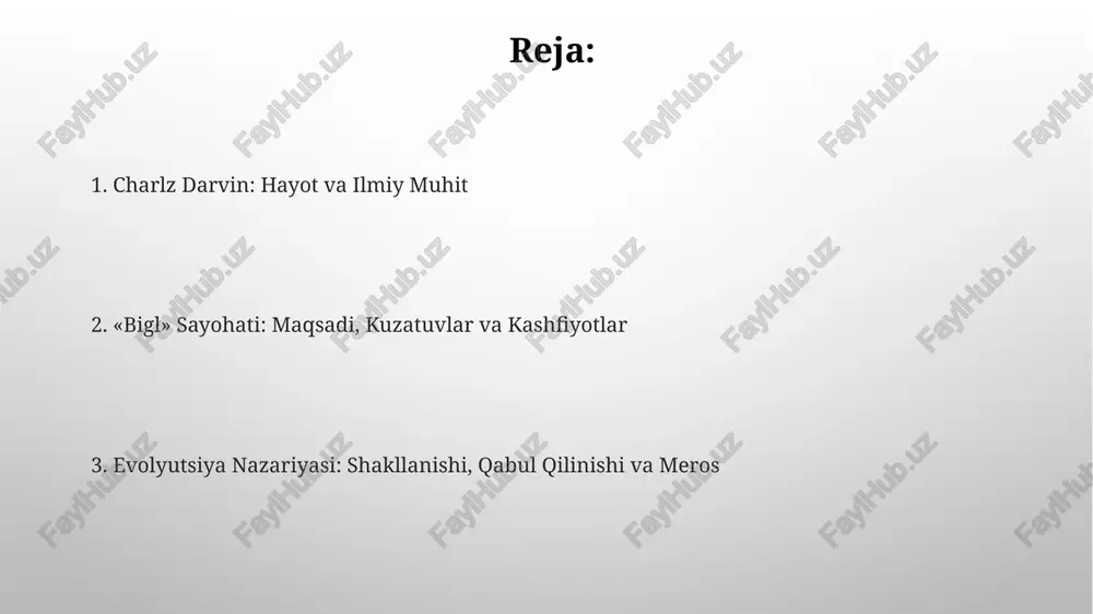 urlarini kuzatish, ularning har biri o'ziga xos tumshuqlarga ega bo'lib, oziq-ovqat manbalariga moslashuvining muhim dalili edi. gigant toshbaqalarning har bir orolda biroz farq qiluvchi qobiq shakllariga ega ekanligini aniqlash, bu evolyutsion moslashuvning mahalliy sharoitlarga bog'liqligini ko'rsatdi. evolyutsiya nazariyasining shakllanishi darvinning evolyutsiya nazariyasi shakllanishi 1830-yillarda, bigl kemasida sayohat qilganda boshlangan bo'lib, u yerda geologiya va biologiyaning muhim namunalarini to'plagan. galapagos orollarida darvin turli xil chittaklar (13 ga yaqin turi)ni kuzatib, ularning tumshug'idagi farqlar ularning oziqlanish usullariga moslashganini aniqladi. darvinning asosiy asarlari darvinning 1859-yilda nashr etilgan “turlarning kelib chiqishi” asari uning eng mashhur ishi bo'lib, tabiiy tanlanish orqali evolyutsiya g'oyasini ilgari suradi va biologiya faniga katta ta'sir ko'rsatdi. darvinning 1871-yilda yozilgan “odamning kelib chiqishi” kitobi insonning hayvonot olamidagi o'rnini evolyutsion nuqtai nazardan o'rganadi, insonning maymunlardan kelib chiqqanligini dalillaydi. "turlarning kelib chiqishi" kitobi "turlarning kelibib chiqishi" 1859-yilda nashr etilgan va unda darvin tabiiy tanlanish orqali evolyutsiya g'oyasini batafsil bayon qiladi, bu biologiya tarixida …