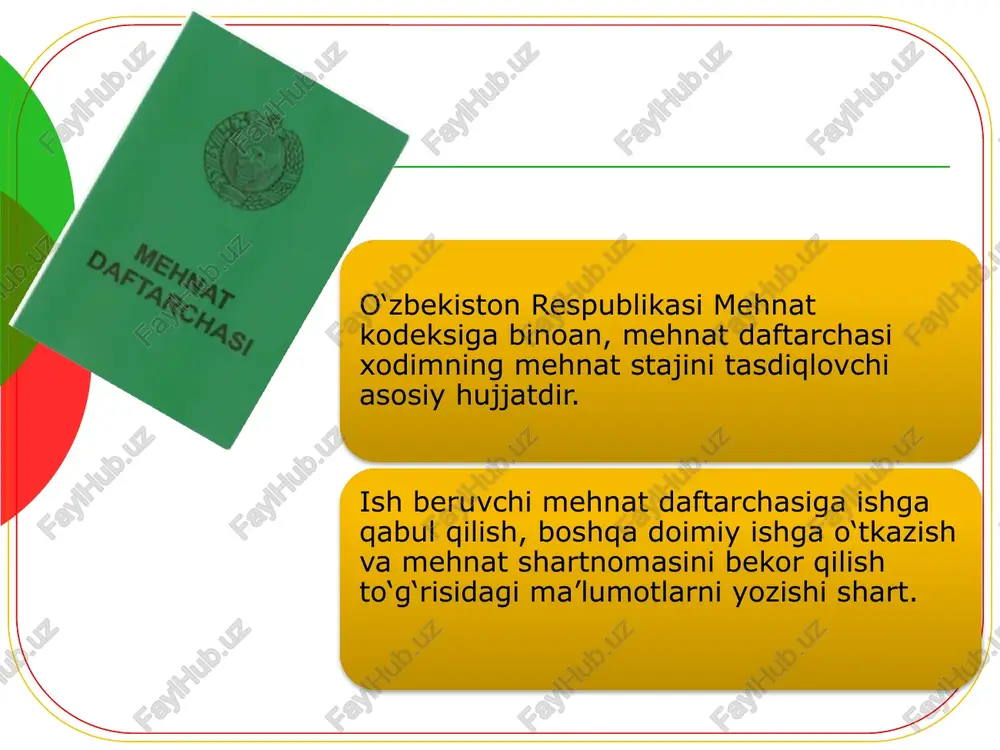 usxasi (dublikati) beriladi. 410–412-betlarda «mehnat daftarchasi» sahifalari shakliva uni to‘ldirish namunasi shaxsiy hujjatlar yig‘majildi xodim haqida mumkin qadar batafsil ma’lumot beradigan hujjatlar majmui. bunday yig‘majildlar muassasa faoliyatini o‘rganishda muhim manba hisoblanadi. ishga qabul qilish haqida buyruq chiqqandan so‘ng xodimning shaxsiy hujjatlar yig‘majildi rasmiylashtiriladi. shaxsiy hujjatlar yig‘majildida quyidagi hujjatlar saqlanadi: 1. yig‘majilddagi hujjatlar ichki ro‘yxati. 2. ishga qabul qilish haqidagi ariza; yo‘llanma yoki tavsiyanoma. 3. kadrlarni hisobga olish bo‘yicha shaxsiy varaqa yoki so‘rovnoma. 4. tarjimayi hol. 5. ma’lumoti haqidagi hujjatlar nusxalari. 6. tavsifnoma. 7. buyruqlar (ishga qabul qilish haqida, boshqa lavozimga o‘tkazish haqida, ishdan bo‘shatish haqida)dan ko‘chirma nusxalar. 8. kadrlarni hisobga olish bo‘yicha shaxsiy varaqaga qo‘shimcha. 9. shaxsiy hujjatlar yig‘majildiga qo‘shimcha. 10. mazkur shaxsga taalluqli ma’lumotnoma va boshqa hujjatlar. «hujjatlar yig‘majildidagi hujjatlarning ichki ro‘yxati» bu ro‘yxatda yig‘majildda joylashgan hujjatlarning tartib raqamlari, ularning ko‘rsatkich (indeks)lari, sanasi, sarlavhalari bo‘ladi. yig‘majild saqlash uchun topshirilayotganda, ichki ro‘yxatda yakunlovchi yozuv yozilishi lozim. unda yig‘majilddagi hujjatlar soni …