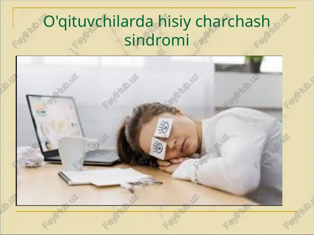 igiga salbiy ta’sir ko‘rsatadi. hissiy charchash sindromi tushunchasi va asosiy xususiyatlari hissiy charchash sindromi (ingliz tilida burnout syndrome) so‘nggi asrlarda ijtimoiy va psixologik tadqiqotlarda keng o‘rganilayotgan mavzulardan biridir. ayniqsa, inson bilan doimiy aloqada bo‘ladigan kasb egalari, jumladan, o‘qituvchilar orasida ushbu sindromning tarqalishi juda yuqori. hissiy charchash sindromi — bu uzoq muddat davomida doimiy stress, psixologik bosim va emotsional zo‘riqish natijasida yuzaga keladigan ruhiy va jismoniy charchoq holatidir. hissiy charchash sindromining ta'rifi hissiy charchash sindromi atamasi birinchi bo‘lib amerikalik psixolog herbert freydenberger tomonidan 1974-yilda ishlatilgan. u ushbu holatni ko‘ngilli faoliyatda faol ishtirok etgan shaxslarda kuzatgan va uning emotsional charchoq, ijtimoiy munosabatlardagi sovuqlik hamda shaxsiy ish faoliyatidan qoniqishning pasayishini o‘z ichiga olishini ta’riflagan. keyinchalik, amerikalik psixolog kristina maslach hissiy charchash sindromini ilmiy ravishda o‘rganib, uning asosiy uch komponentini aniqladi: emotsional charchoq — shaxsning o‘zining ichki energiyasi tugab, ruhiy va jismoniy holatining yomonlashuvi, kuchsizlanishi; depersonalizatsiya — insonning o‘z ishiga yoki mijozlariga nisbatan sovuq, …