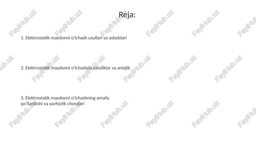 is (fea) kabi usullar qo'llaniladi. bu 3d tuzilmalarda maydon kuchlanishini aniq hisoblash imkonini beradi, xatolik esa material xususiyatlariga bog'liq. o'lchash xatoliklari, aniqlik va standartlar elektrostatik o'lchashlardagi aniqlik asosan, sensor kalibrlashidagi noaniqlik va 0.1% gacha bo'lgan rezolyutsiyaning cheklanishi bilan belgilanadi. o'lchash xatoliklariga atrof-muhit omillari, masalan, namlikning 2% gacha ta'siri va statik zaryadning 0.5 kv/m gacha bo'lgan darajada notekis taqsimlanishi sabab bo'ladi. elektrostatik maydonni o'lchashning amaliy qo'llanilishi elektrostatik bo'yoq purkagichlarda, zarrachalar elektrostatik maydon yordamida zaryadlanadi va 95% gacha samaradorlik bilan maqsadli sirtga tortiladi, bu esa materialni isrof qilishni kamaytiradi. sanoatda elektrostatik maydonlar 0.1 kv/m dan 100 kv/m gacha bo'lgan maydonlar chang va havo ifloslantiruvchi moddalarni filtrlash uchun ishlatiladi, bu esa havo sifatini yaxshilashga yordam beradi. xavfsizlik choralari elektrostatik maydonni o'lchash uskunalarini ishlatishdan oldin, uskunaning 10 megaomdan yuqori kirish qarshiligiga ega ekanligiga va kalibrlanganligiga ishonch hosil qiling, bu esa o'lchov natijalarining aniqligini ta'minlaydi. yuqori kuchlanishli elektrostatik maydonlar yaqinida ishlaganda, shaxsiy himoya vositalaridan, masalan, …