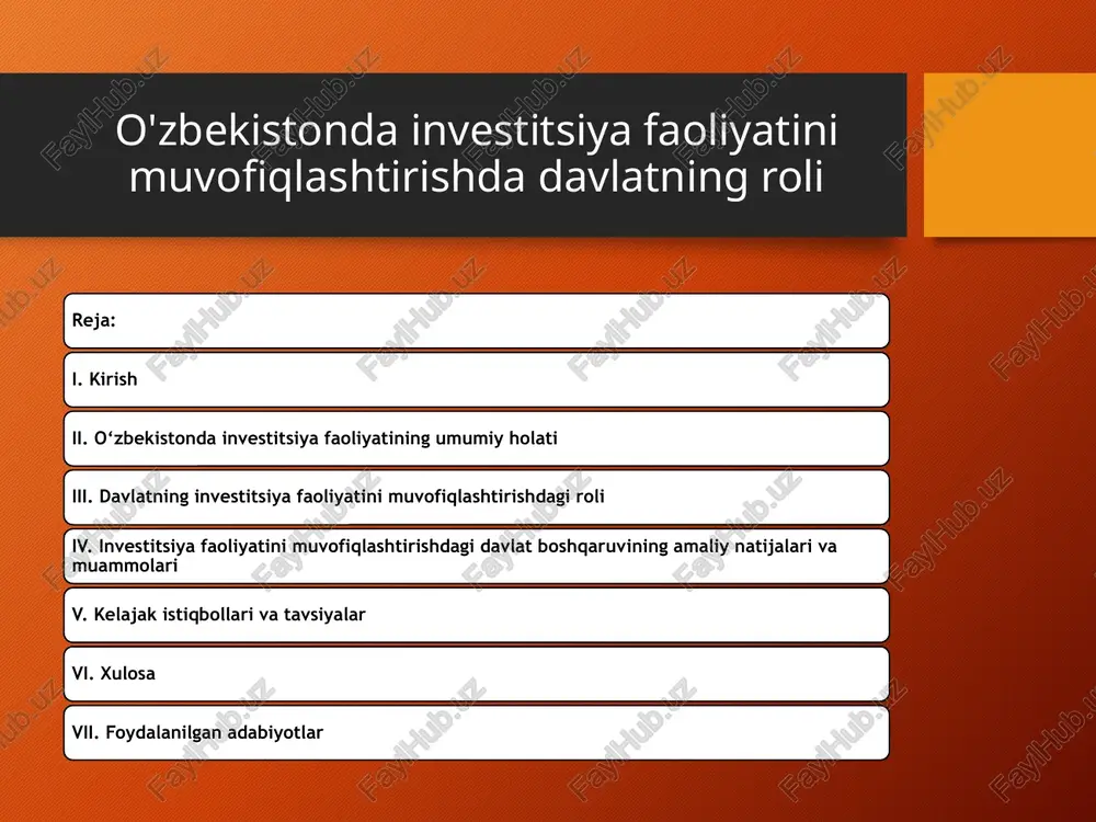 va xizmat ko‘rsatish sohalarida muhim o‘rin tutadi. investitsiyalar yordamida mamlakat iqtisodiyotining global bozor sharoitlariga moslashuvi, texnologik modernizatsiya va eksport salohiyatini oshirish imkoniyati kengayadi. davlatning investitsiya jarayonlaridagi roli haqida umumiy tushuncha davlat investitsiya faoliyatini muvofiqlashtirishda bir qator funksiyalarni bajaradi. ular quyidagilardan iborat: strategik rejalashtirish: davlat iqtisodiy va ijtimoiy rivojlanish bo‘yicha uzoq muddatli dasturlar va strategiyalar ishlab chiqadi, investitsiyalarni jalb qilish yo‘nalishlarini belgilaydi. normativ-huquqiy bazani shakllantirish: investitsiyalarni qo‘llab-quvvatlash va himoya qilish uchun qonunlar, me’yoriy hujjatlar, soliq imtiyozlari va boshqa tartib-qoidalar ishlab chiqiladi. investitsiya muhitini yaratish: investorlar uchun qulay shart-sharoitlar, jumladan, moliyaviy va kredit resurslariga kirish imkoniyati, axborot va maslahat xizmatlari tashkil etiladi. nazorat va monitoring: investitsiya loyihalarining samaradorligi va qonunlarga muvofiqligi nazorat qilinadi, amalga oshirilayotgan ishlar monitoring qilinadi. investitsiya faoliyatining tarixiy rivojlanishi o‘zbekistonning mustaqillikka erishishidan oldingi davrda investitsiya faoliyati asosan davlat tomonidan rejalashtirilgan va markazlashgan tarzda olib borilgan. sovet ittifoqi davrida ishlab chiqarish obektlari va infratuzilmalarga sarmoyalar davlat byudjeti va markaziy rejalashtirish …