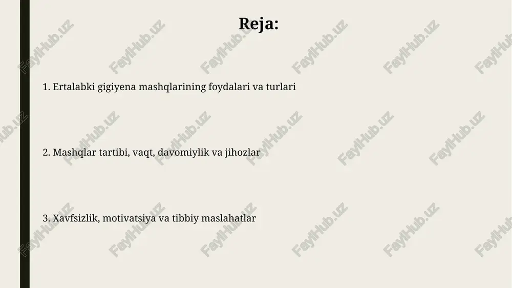 aqiqadan boshlang, asta-sekin 2-3 haftada davomiylikni oshirib boring. esda tutingki, maqsad - muntazamlik. tana holatiga qarab, mashqlarni o'zgartiring. agar sizda tizzangiz og'risa, chuqur o'tirish o'rniga yarim o'tirish qiling yoki 2-3 xil tizzaga bosim bermaydigan mashqlarni tanlang. motivatsiya va odatga aylantirish o'zingizga 30 kunlik kichik bir maqsad qo'ying: har kuni 10 daqiqa gigiyena mashqlarini bajarish. maqsadga erishganingizdan so'ng, o'zingizni mukofotlang! gigiyena mashqlarini odatga aylantirish uchun uni kundalik tartibingizning bir qismiga aylantiring. masalan, har kuni soat 7:00 da 15 daqiqa mashq qiling. tibbiy maslahatlar agar sizda yurak-qon tomir kasalliklari bo'lsa, mashqlarni boshlashdan oldin shifokor bilan maslahatlashing, ayniqsa qon bosimi 140/90 mmhg dan yuqori bo'lsa. qandli diabet bilan og'riganlar mashqdan oldin va keyin qon shakarini tekshirib, 70-100 mg/dl oralig'ida ushlab turishlari muhim. e'tiboringiz uchun rahmat image1.png image2.jpg image3.jpg image4.jpg image5.jpg image6.jpg image7.jpg image8.jpg