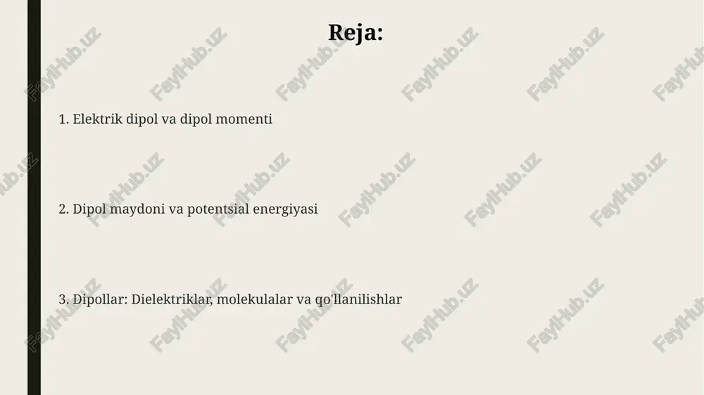 lganda erishiladi (u = -pe). dipolning tashqi elektr maydonidagi potentsial energiyasi uning yo'nalishiga bog'liq; 0 graduslik burchak eng past energiyaga mos keladi, 180 graduslik burchak esa eng yuqori energiyaga mos keladi (u = pecosθ). potensial energiya, shuningdek, dipolga ta'sir etuvchi aylantiruvchi moment bilan ham bog'liq; agar dipol burchak ostida joylashgan bo'lsa, elektr maydoni uni kam energiya holatiga (p va e parallel) aylantirishga harakat qiladi. tashqi maydondagi dipolning harakati dipolning tashqi elektr maydonidagi potentsial energiyasi u = -p⋅e = -pecosθ formula bilan ifodalanadi, bu yerda minimal energiya dipol maydonga parallel bo'lganda, maksimal energiya esa antiparallel bo'lganda kuzatiladi. tashqi elektr maydoniga joylashtirilgan elektr dipol momentiga ega dipol, τ = pesinθ formulasi bilan aniqlanadigan aylantiruvchi momentni boshdan kechiradi, bu yerda θ dipol va maydon orasidagi burchakdir. agar dipol dastlab tashqi maydon bilan burchak ostida joylashgan bo'lsa, u muvozanat holatiga tebranadi; kichik burchaklar uchun tebranish chastotasi ω = √(pe/i) ga teng, bu yerda i …