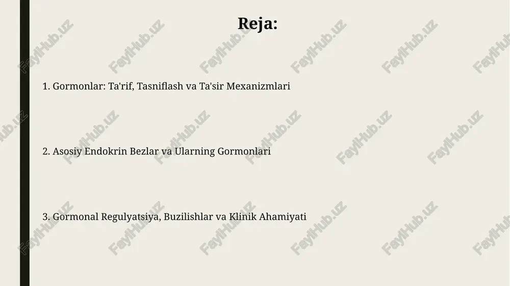 th, tsh, gh, fsh, lh, prolaktin) ajralib chiqadi va turli to'qimalarga ta'sir qiladi. metabolizm, o'sish va reproduktiv funktsiyada gormonlarning rol'i metabolizmda gormonlar energiya ishlab chiqarish va ishlatilishini tartibga soladi; masalan, insulin qondagi glyukoza miqdorini kamaytirsa, qalqonsimon bez gormonlari metabolizmni tezlashtiradi. o'sishda gormonlar hujayralar ko'payishi va differentsiatsiyasini boshqaradi; o'sish gormoni (gh) suyaklar va mushaklarning rivojlanishiga yordam beradi, jinsiy gormonlar pubertatni boshqaradi. gormonal buzilishlar, kasalliklar va diagnostika usullari gormonal buzilishlar, masalan, 1-toifa diabet, insulin tanqisligi tufayli yuzaga keladi va glyukoza darajasini nazorat qilish uchun insulin in'ektsiyasi zarur. gipotiroidizm, qalqonsimon bez gormonlarining yetishmasligi, tsh darajasini o'lchash orqali tashxis qilinadi va levotiroksin bilan davolanadi. endokrinologiyadagi zamonaviy tendentsiyalar va kelajak istiqbollari genomika va proteomika endokrinologiyada diagnostika aniqligini oshirishga yordam beradi, kasalliklarni aniqlashda genom darajasidagi ma'lumotlardan foydalaniladi, dori vositalarini maqsadli tarzda ishlab chiqish imkonini beradi. klinik amaliyotga raqamli texnologiyalarni (masalan, sun'iy intellekt, telemeditsina) joriy etish bemorlarga masofadan turib xizmat ko'rsatish, ma'lumotlarni tahlil qilish va davolash samaradorligini …